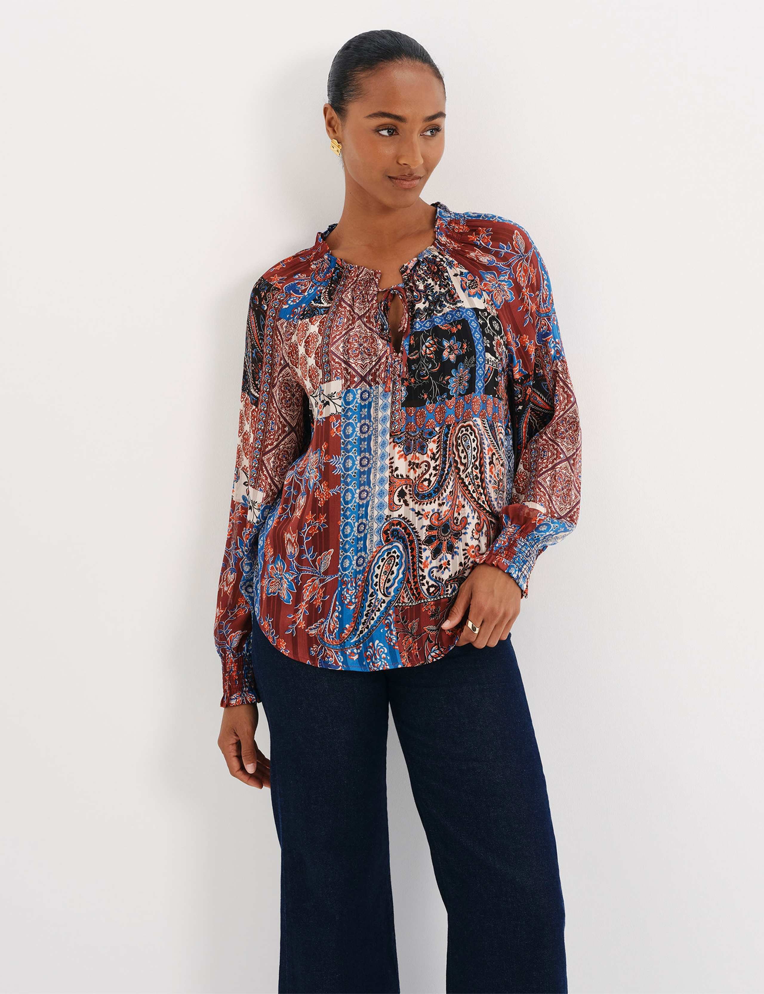 Satin Striped Chiffon Tie Neck Blouse
