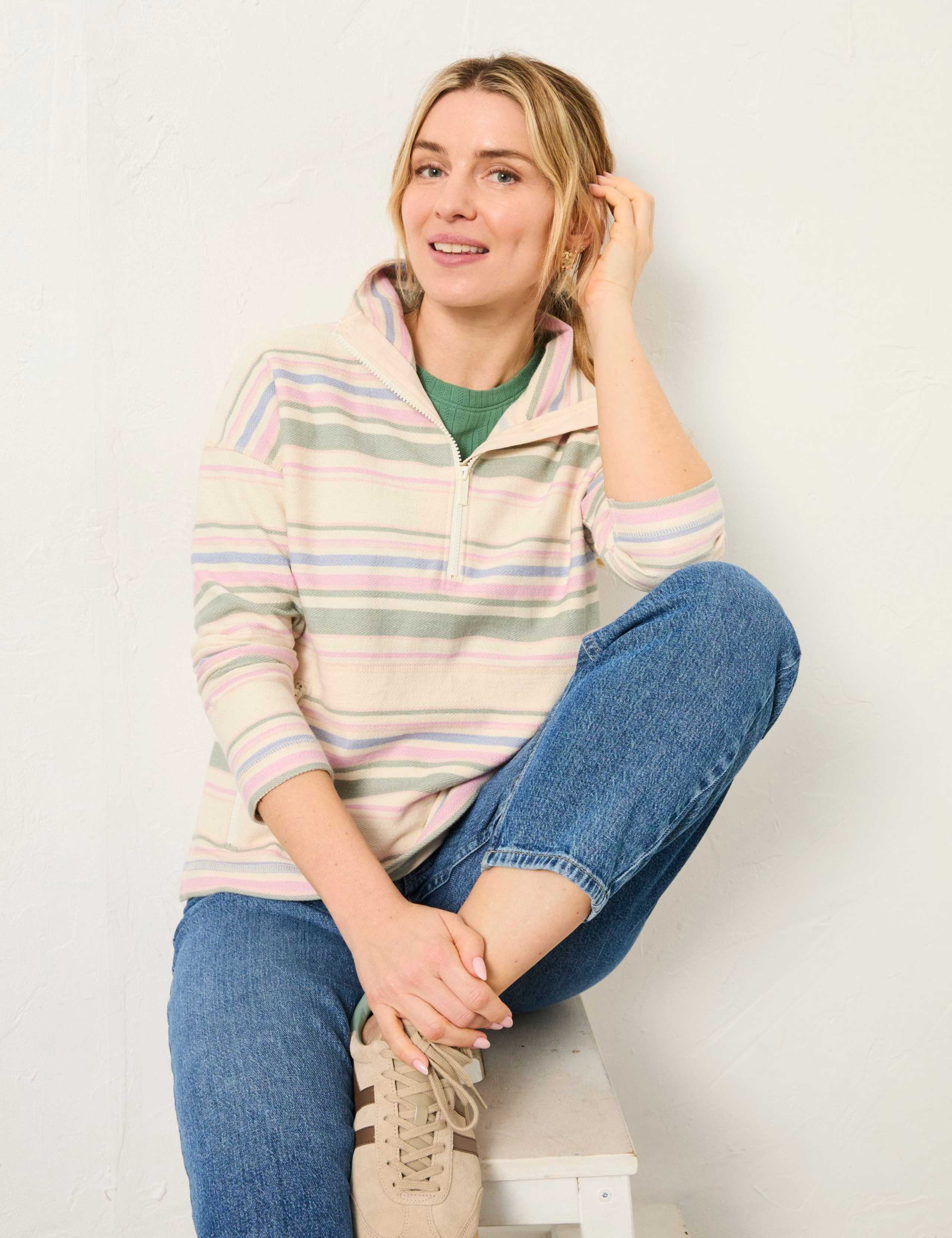 Pure Cotton Striped Funnel Neck Sweatshirt