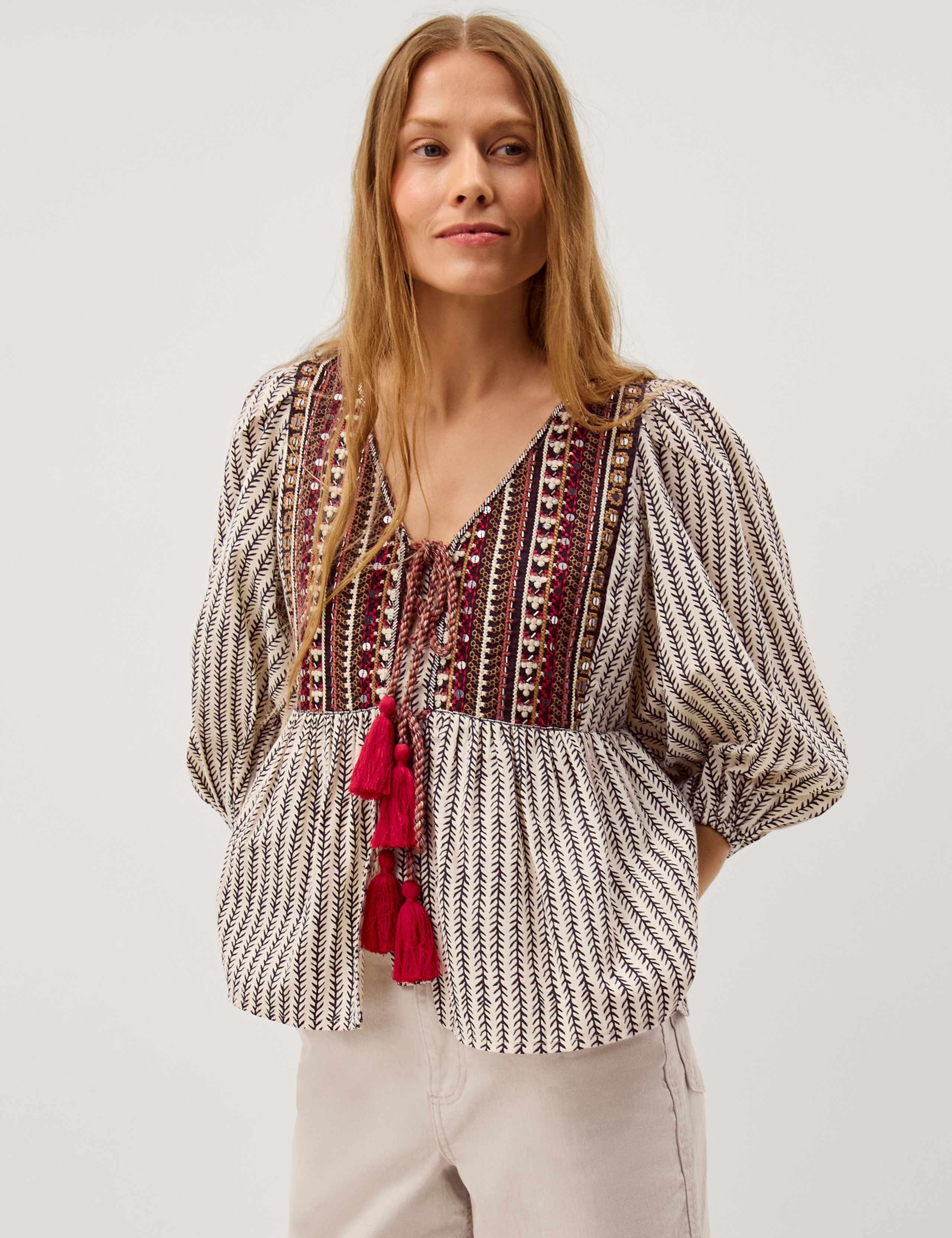 Pure Cotton Embroidered Tie Front Blouse