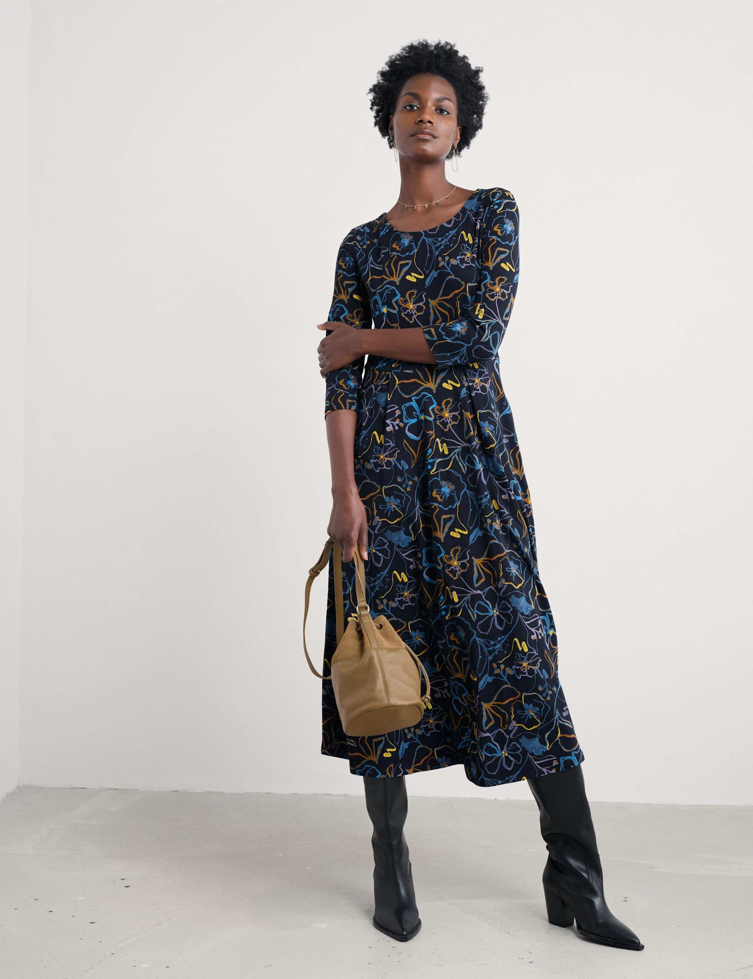 Cotton Rich Floral Midi Waisted Dress