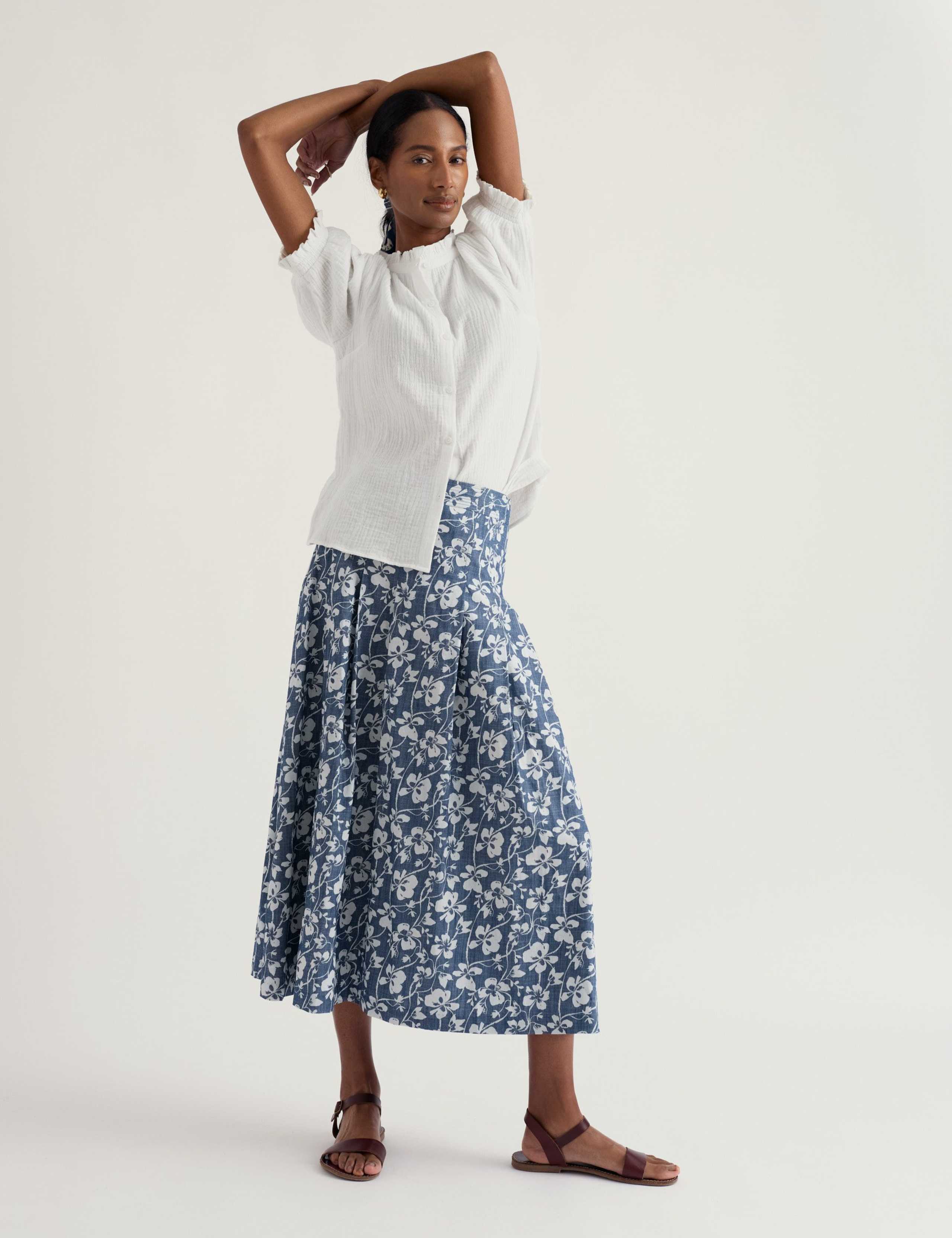 Pure Cotton Floral Midi A-Line Skirt