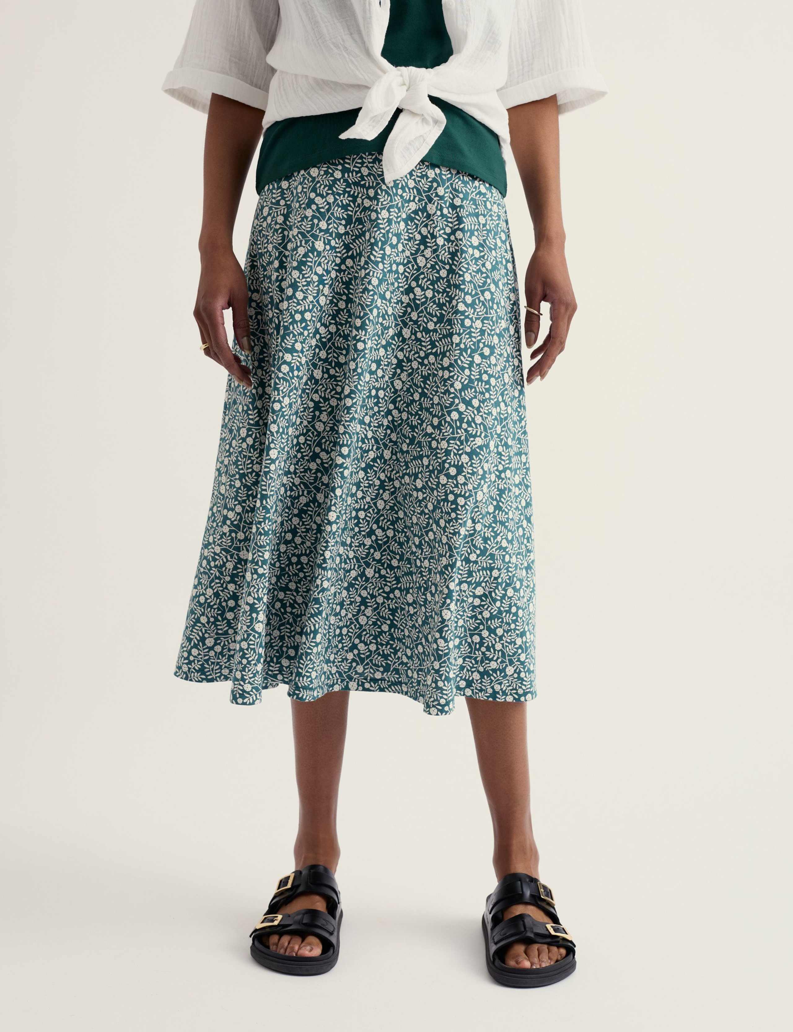Cotton Rich Floral Midi A-Line Skirt