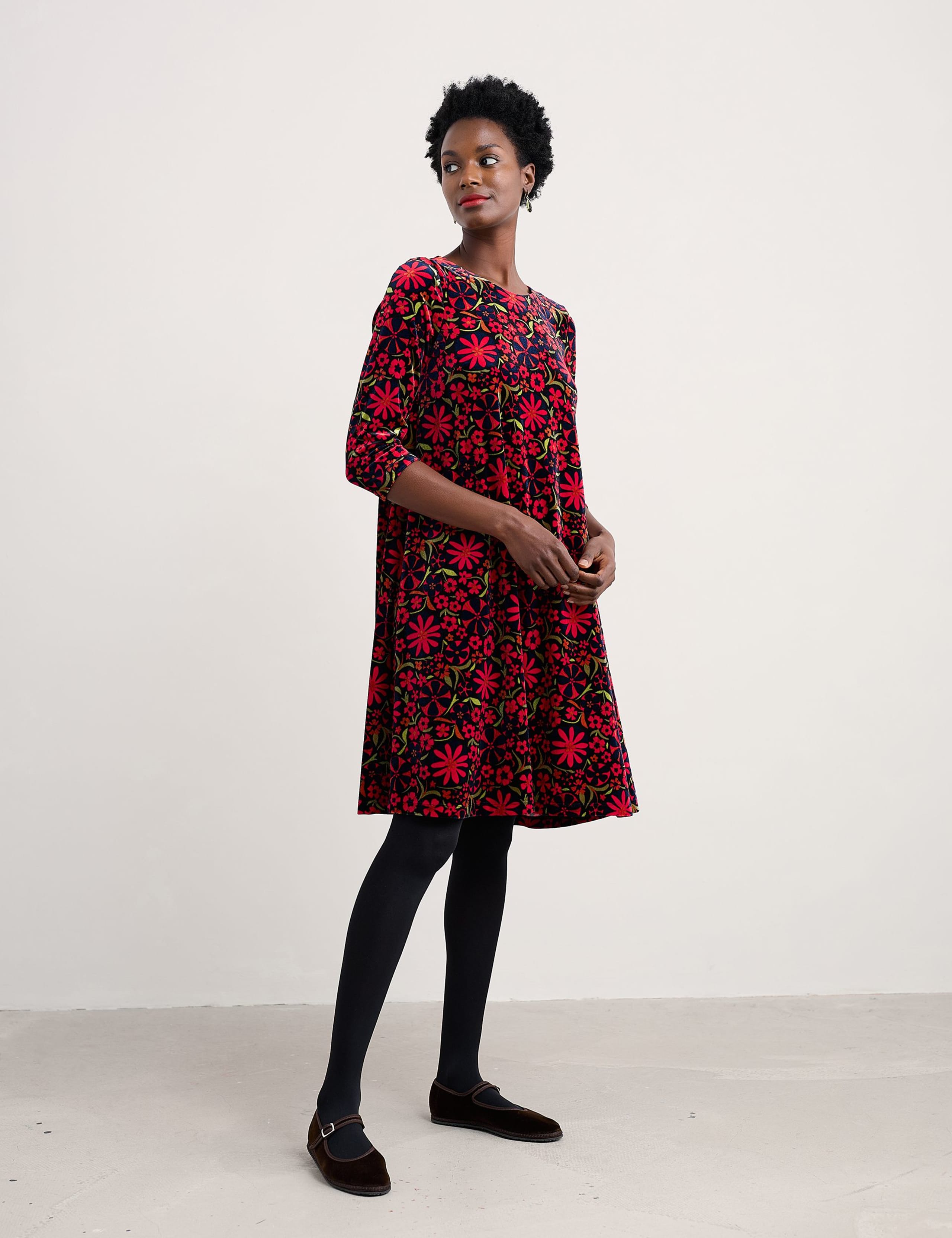 Cord Floral Knee Length Shift Dress