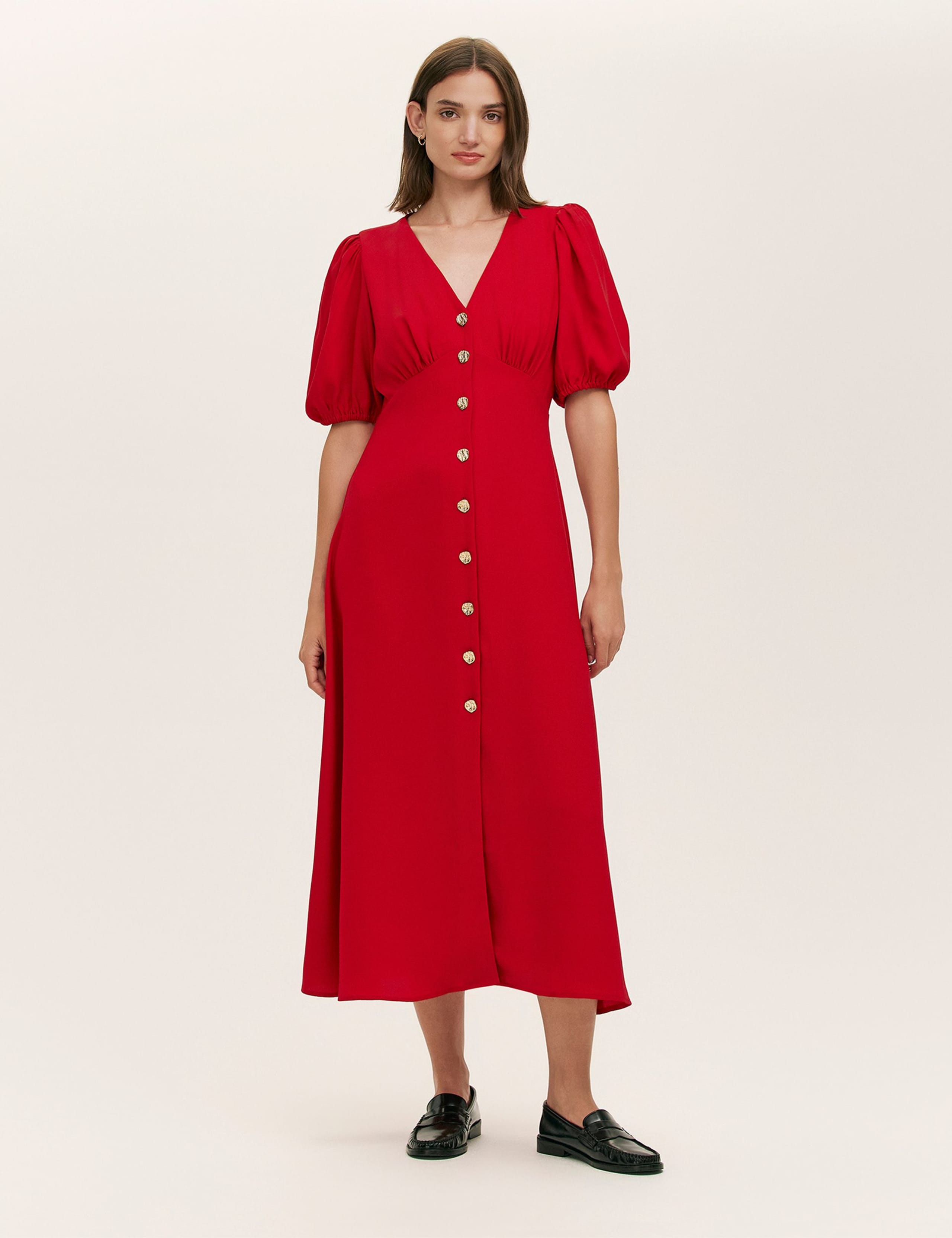 Crepe V-Neck Puff Sleeve Midi Tea Dress