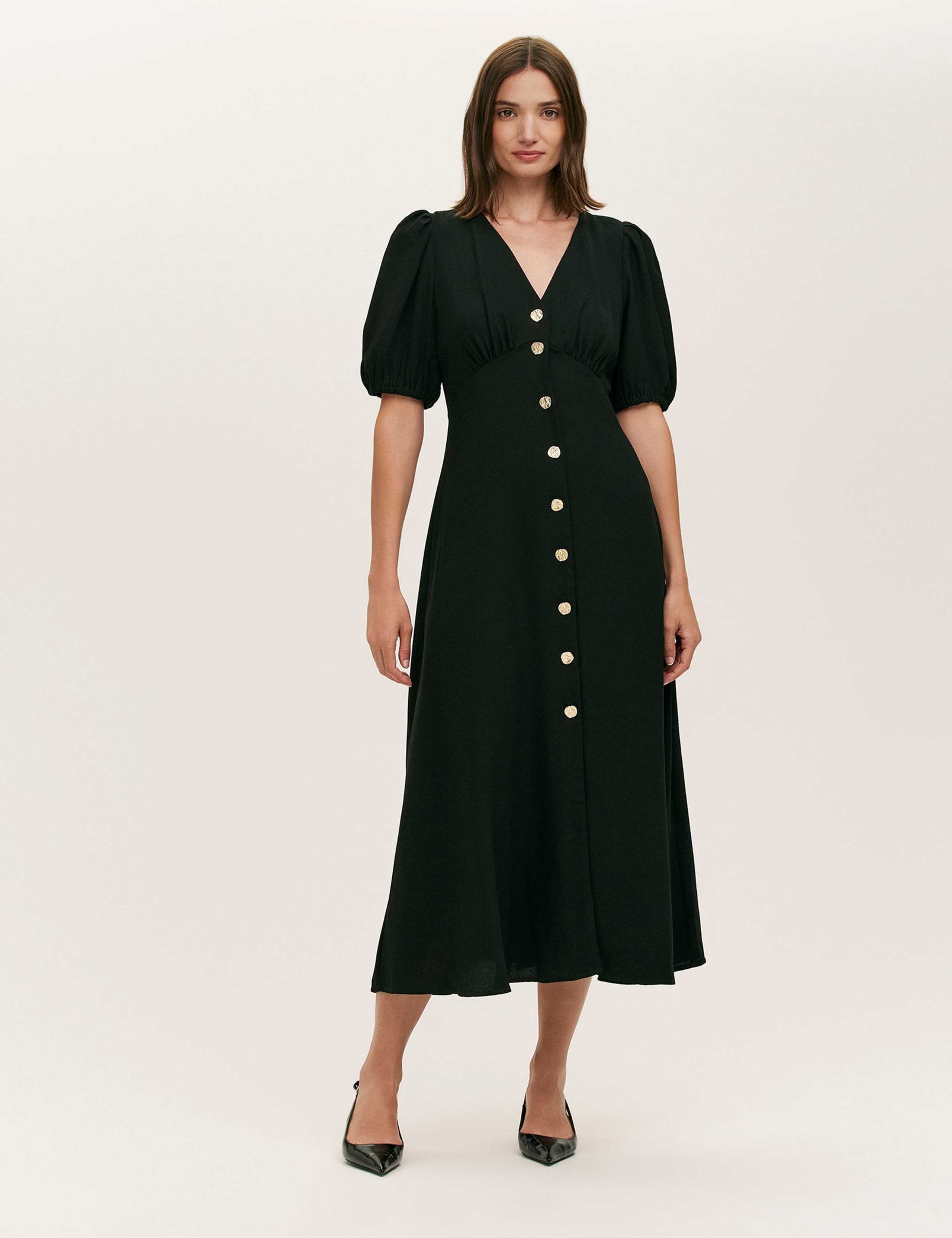 Crepe V-Neck Puff Sleeve Midi Tea Dress