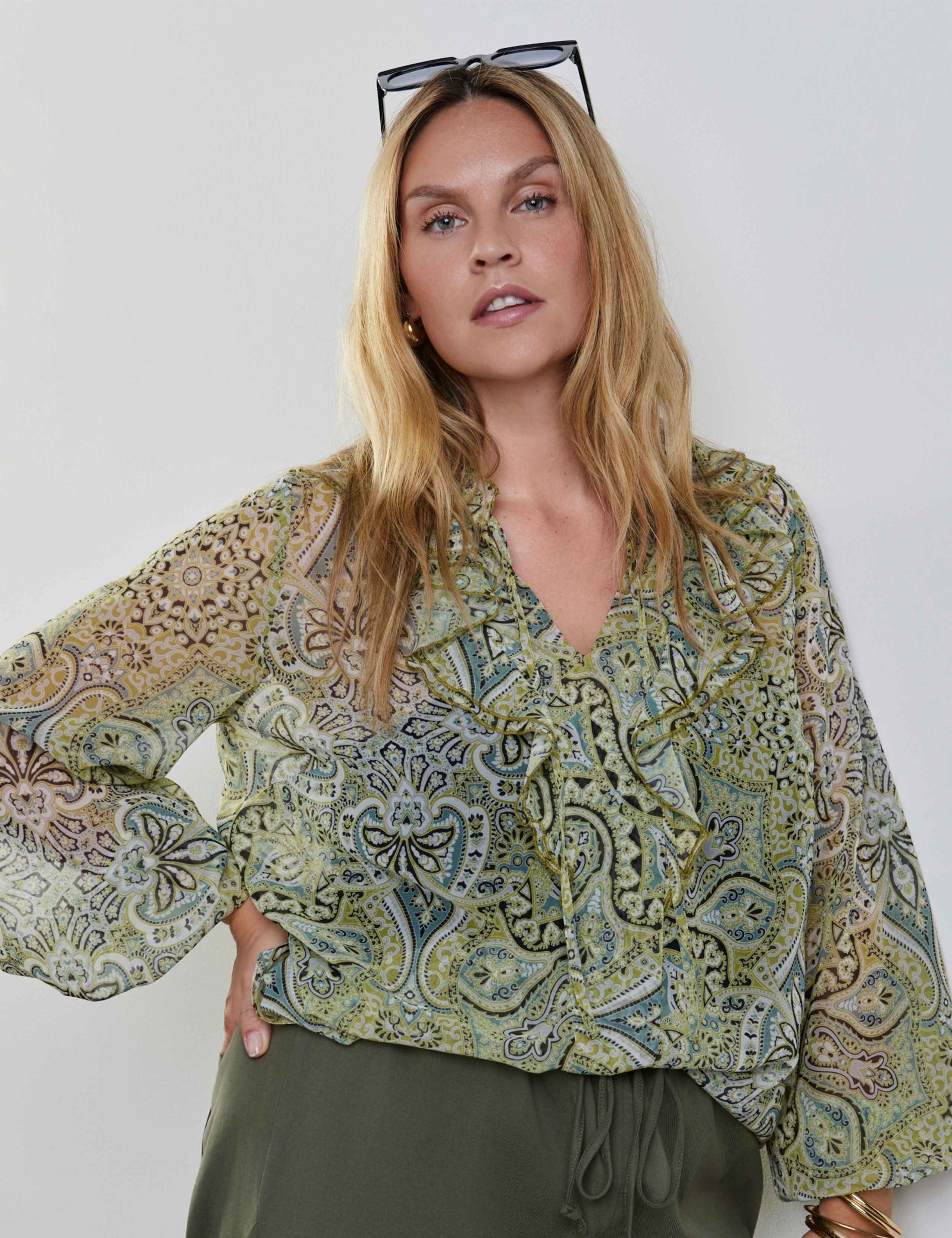 Paisley V-Neck Ruffle Blouse