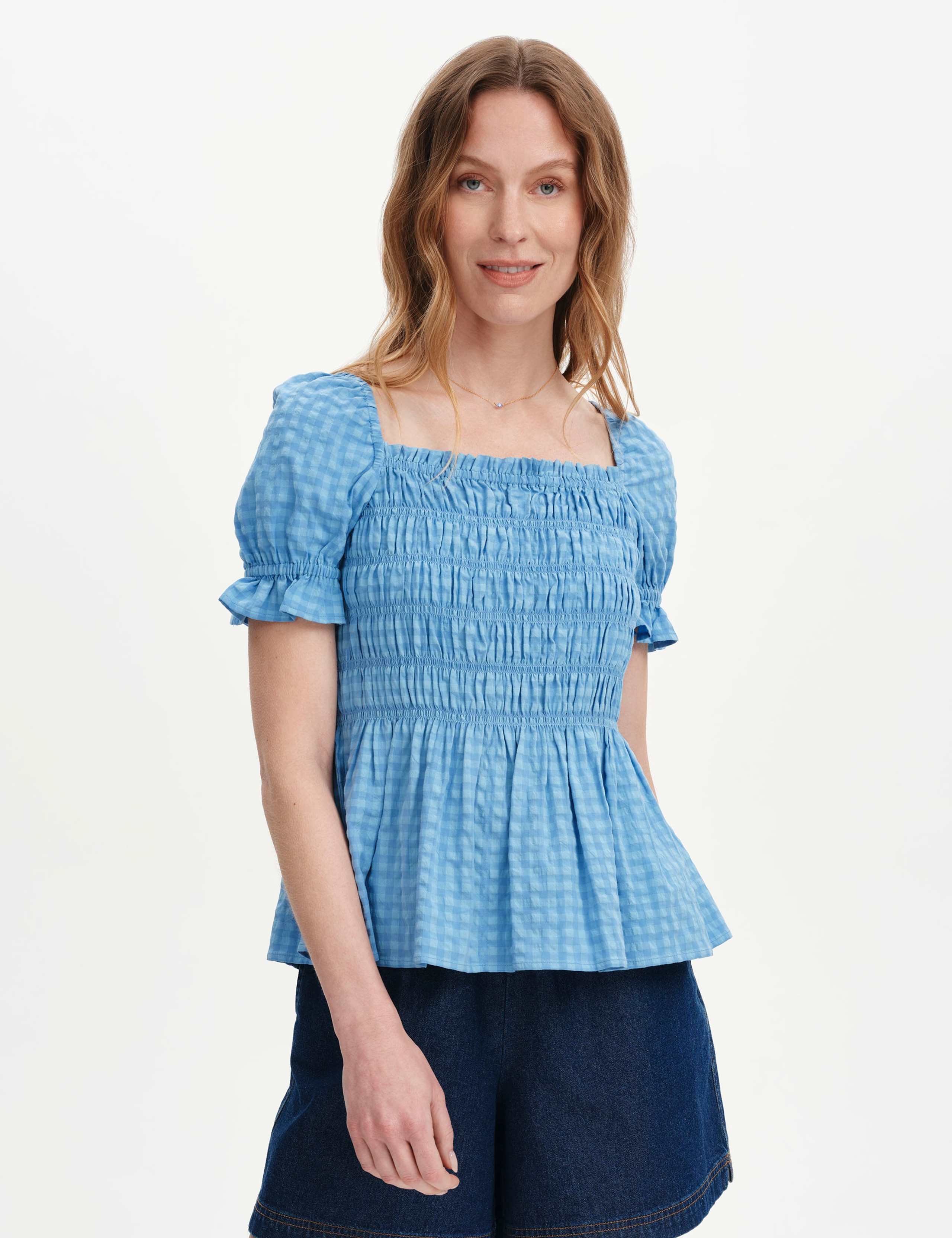 Cotton Blend Seersucker Gingham Shirred Top