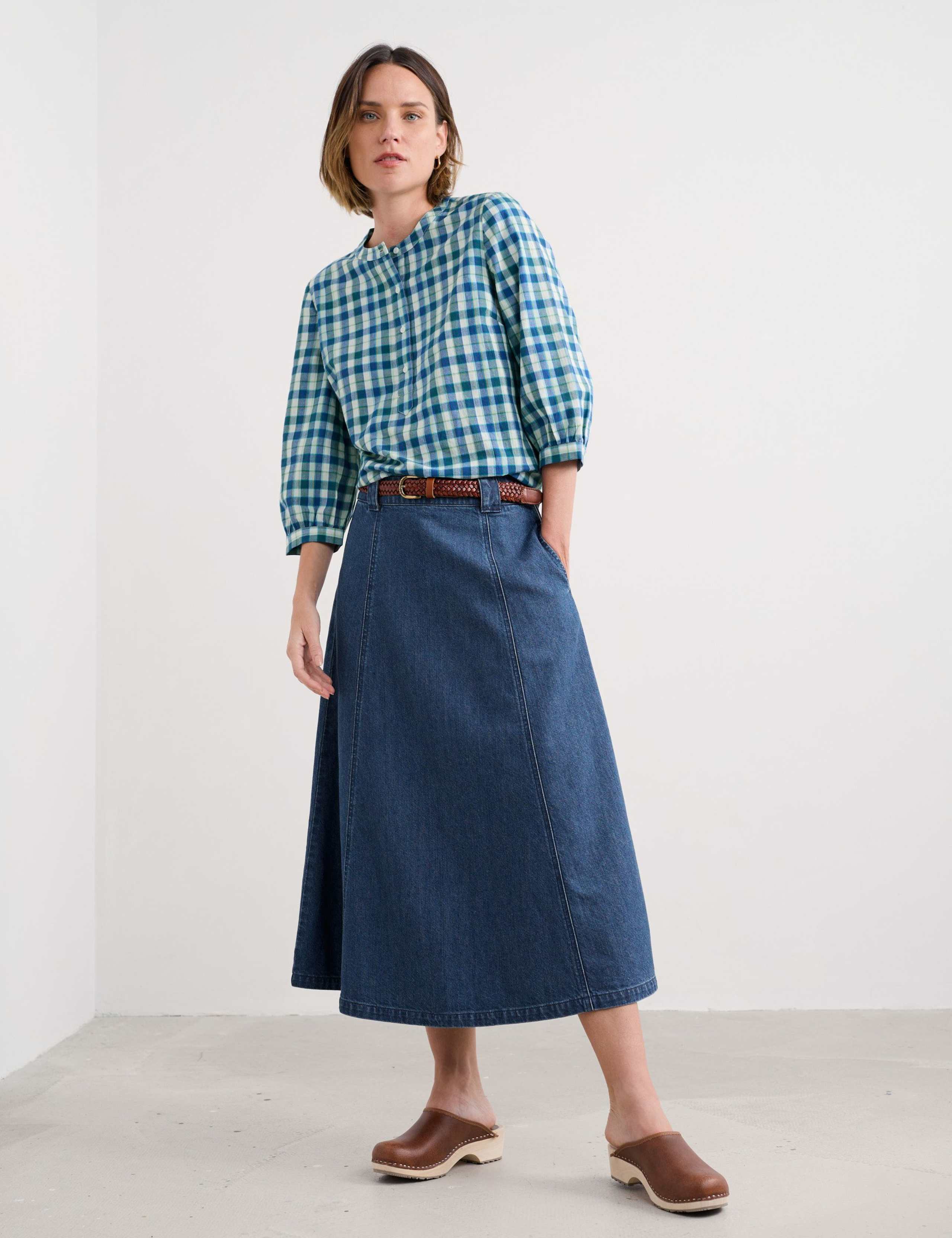 Cotton Checked Round Neck Button Top