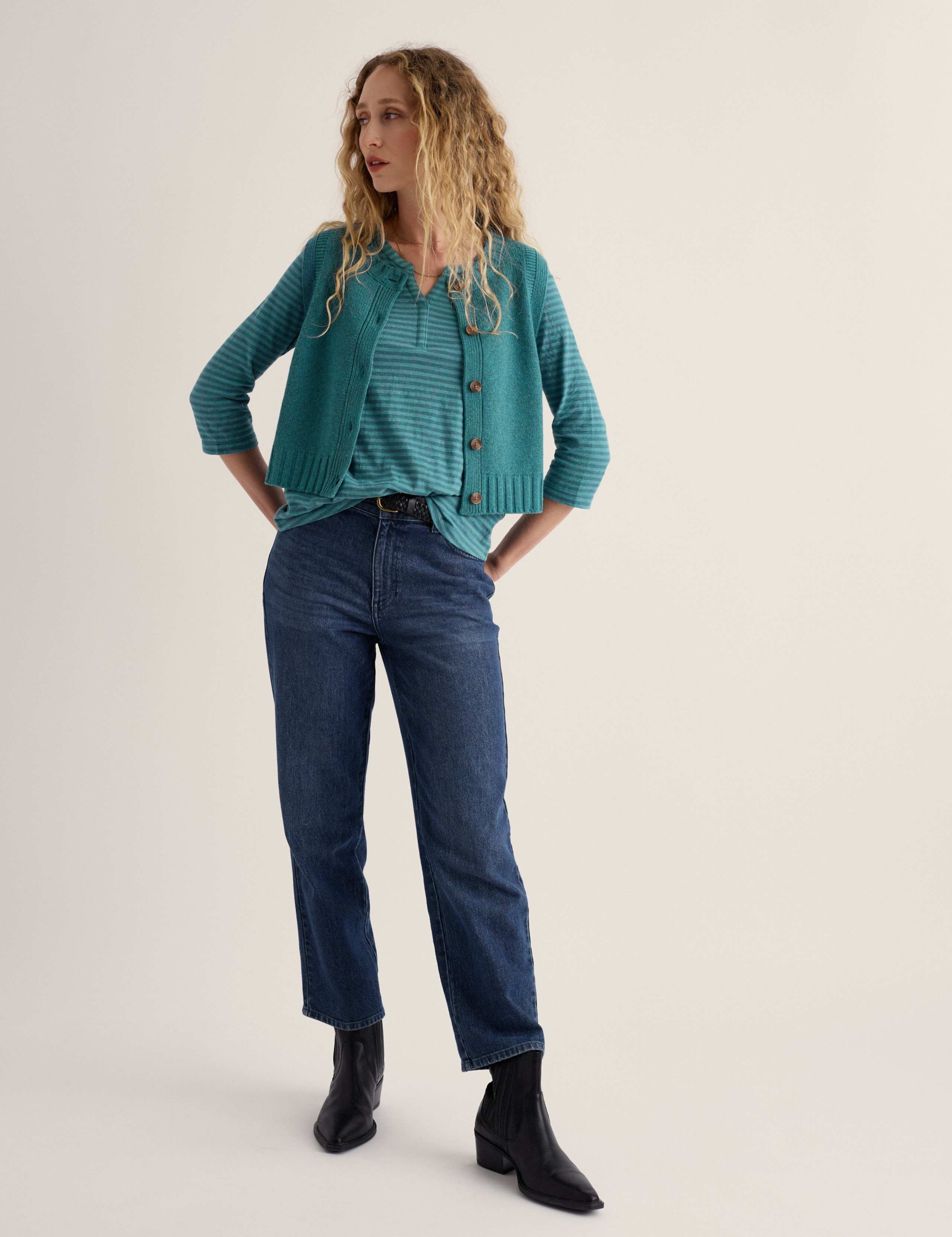 Pure Cotton Striped Notch Neck Top