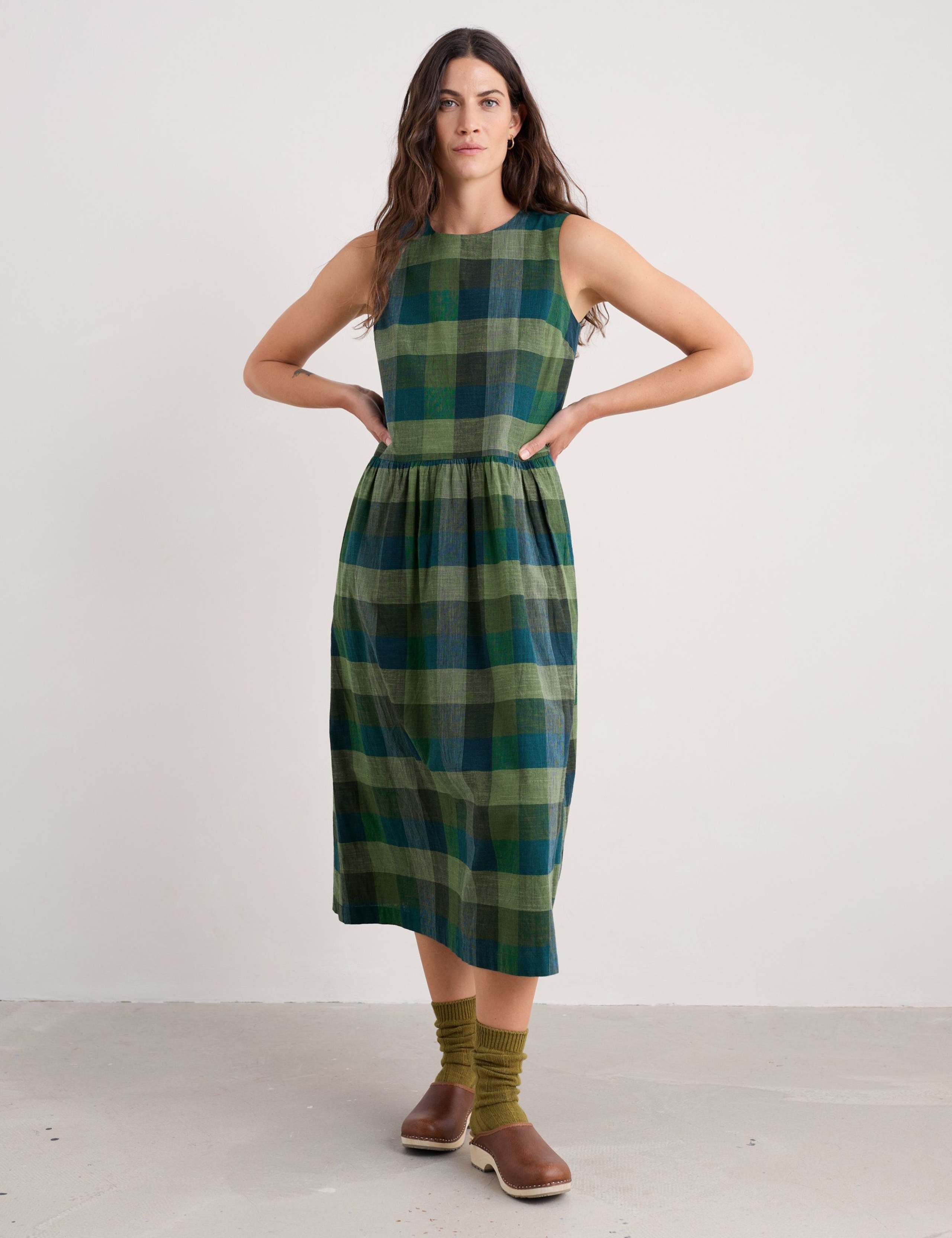 Cotton Checked Round Neck Midaxi Dress