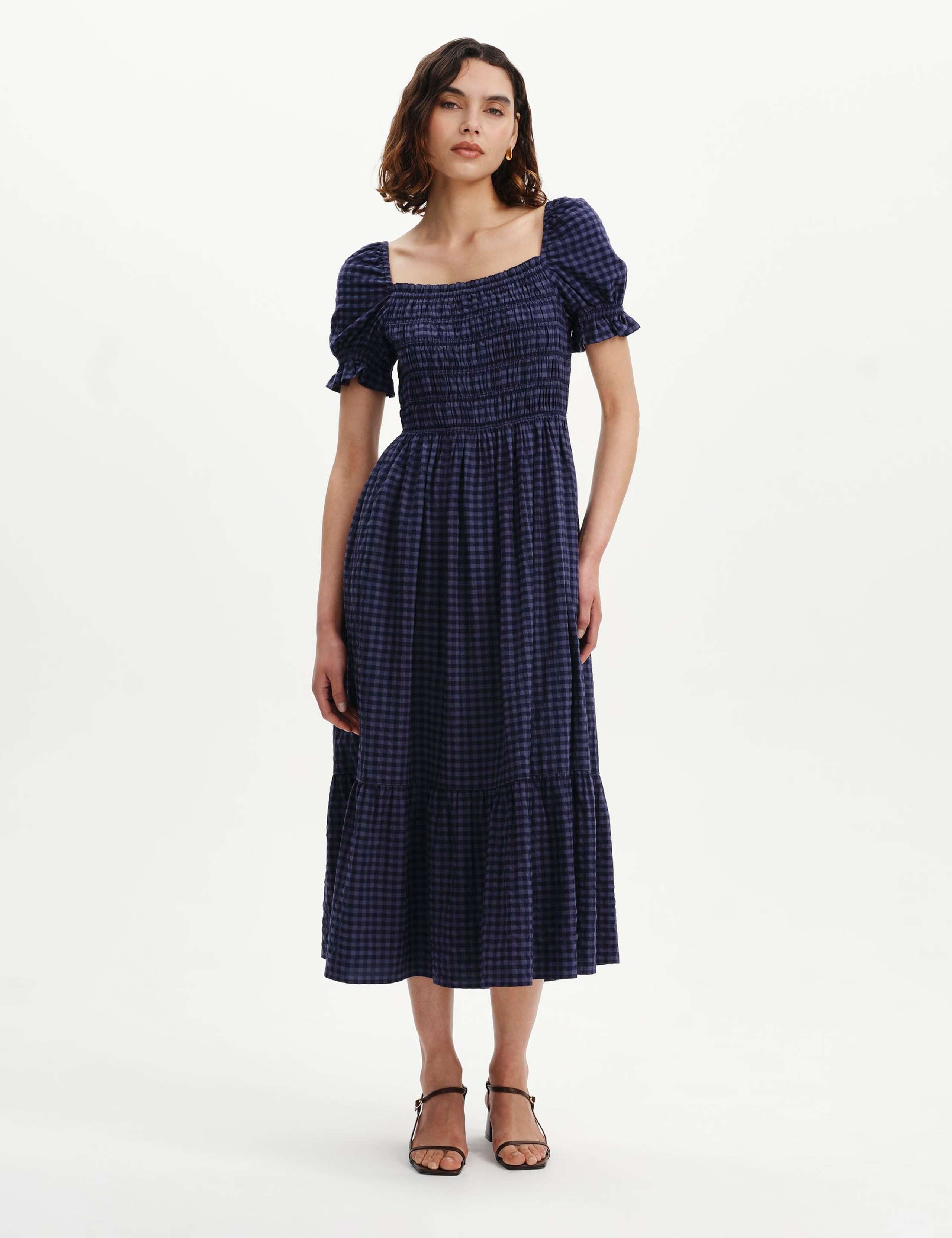 Cotton Blend Gingham Square Neck Midi Dress