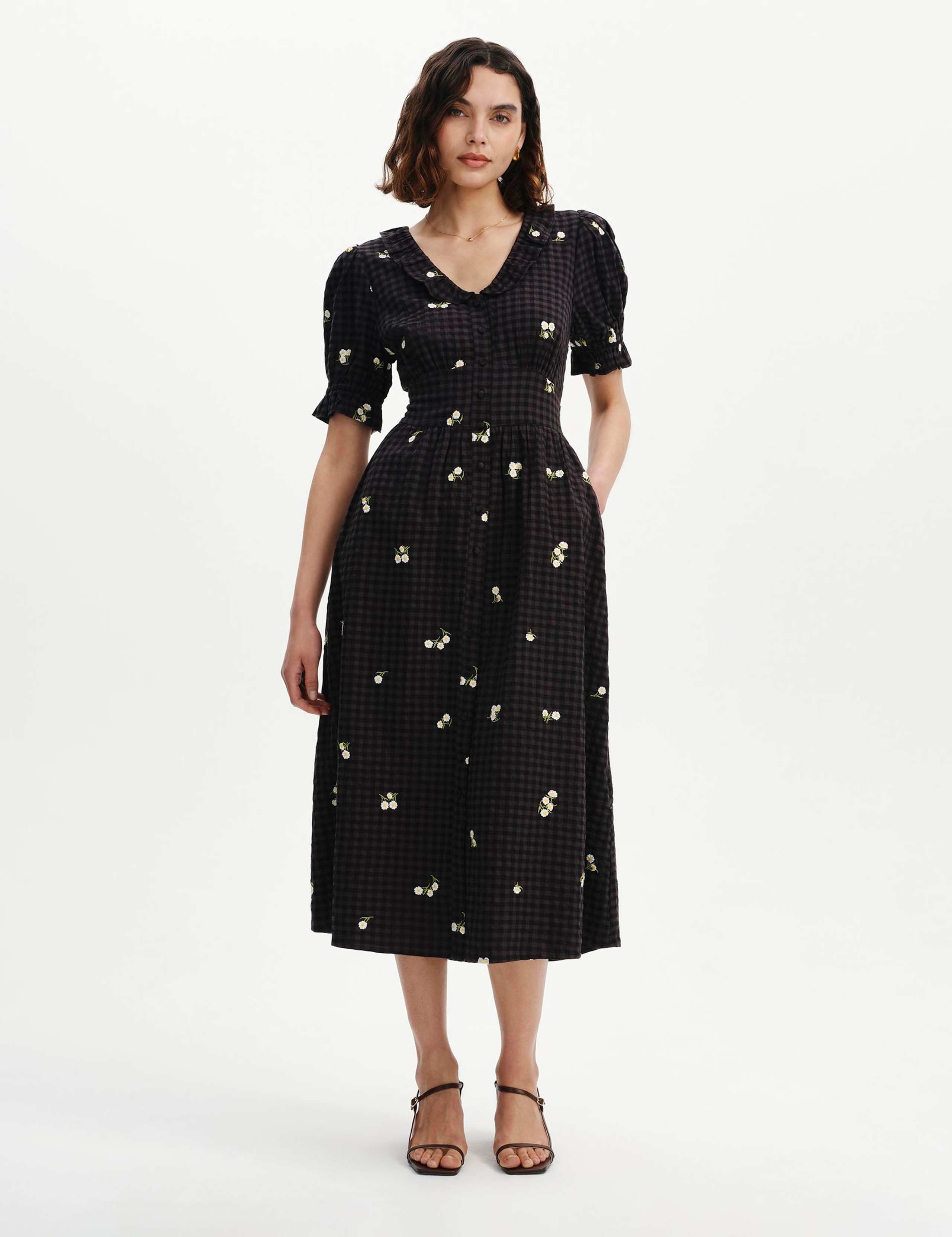 Cotton Blend Embroidered V-Neck Midi Dress