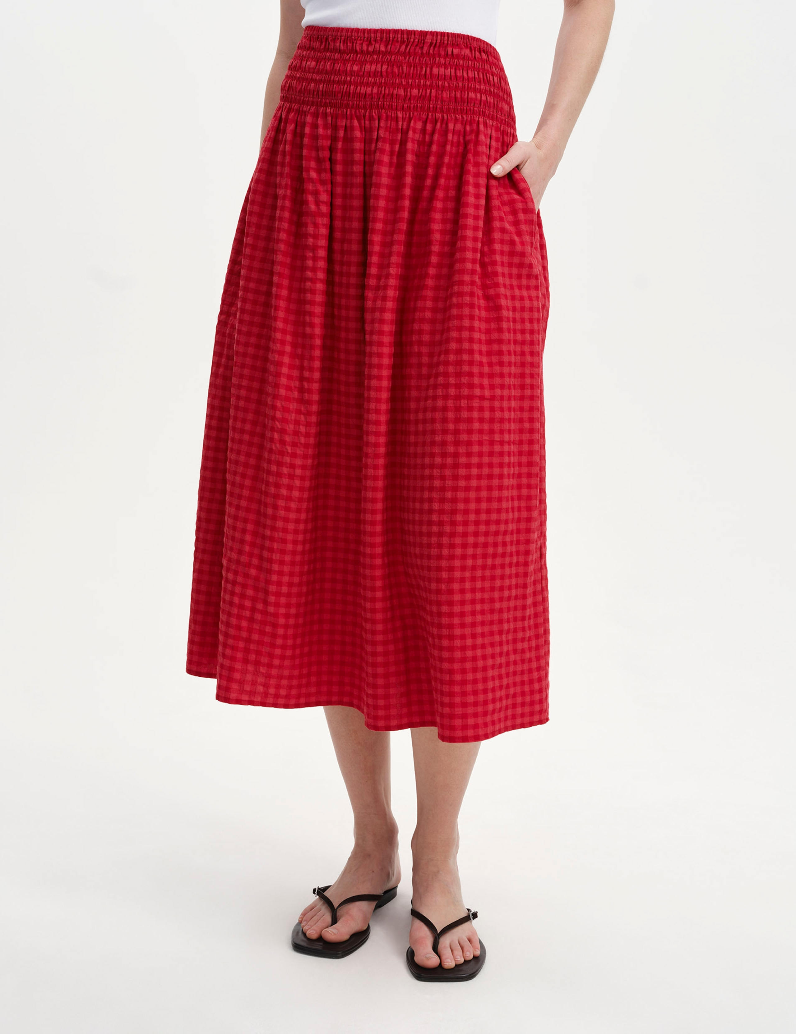 Cotton Blend Gingham Midi A-Line Skirt