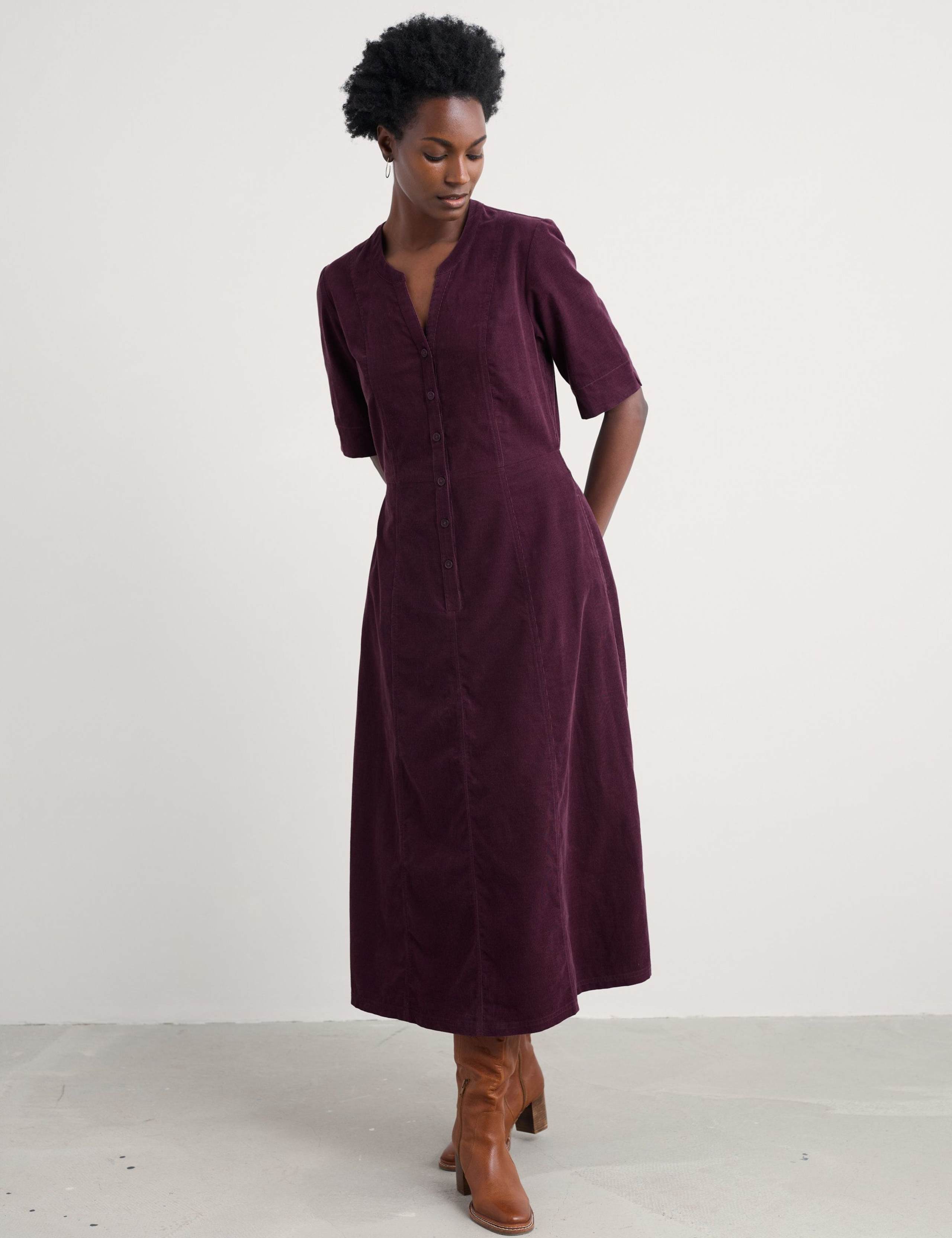 Pure Cotton Cord V-Neck Waisted Midi Dress