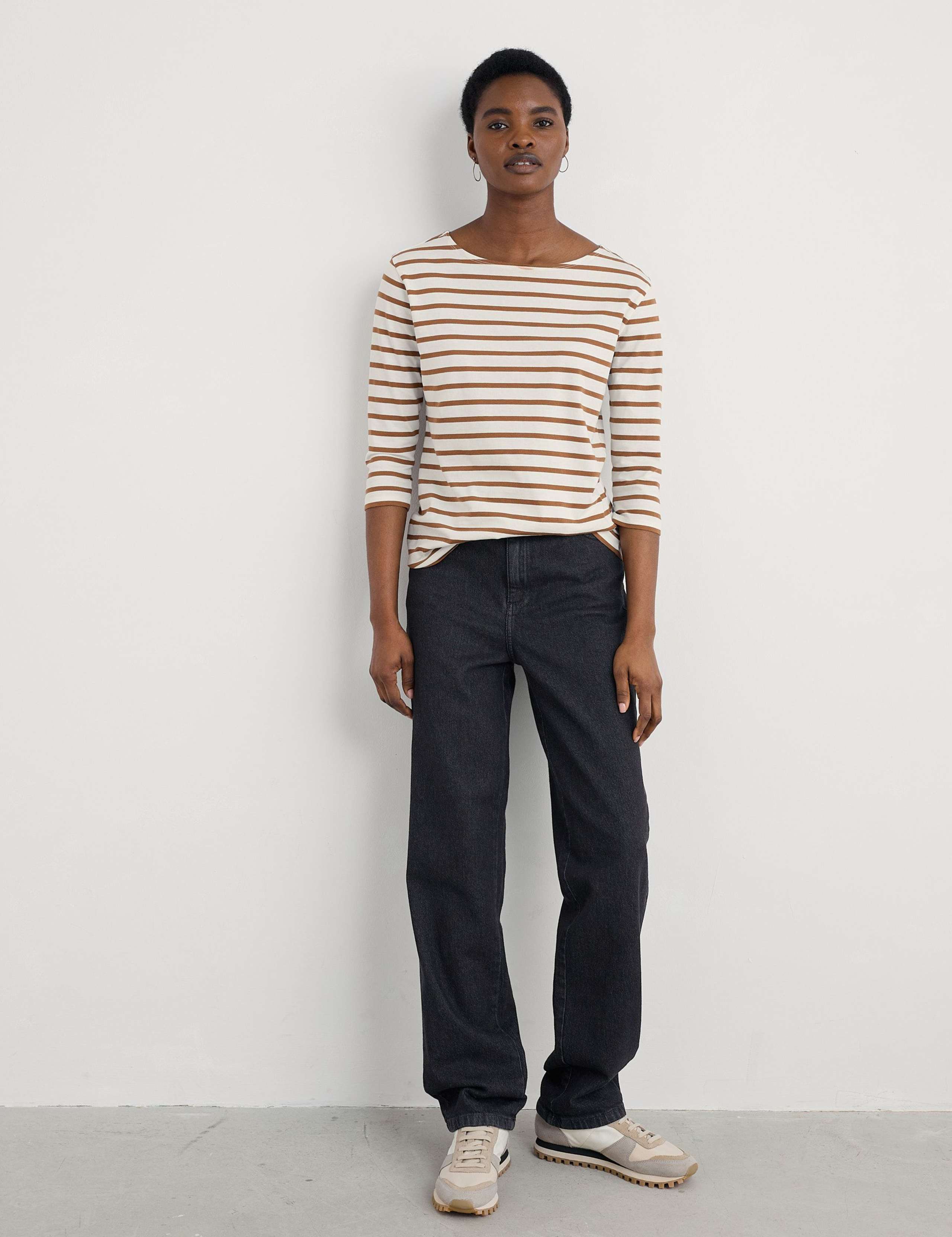 Pure Cotton Striped Relaxed 3/4 Sleeve Top