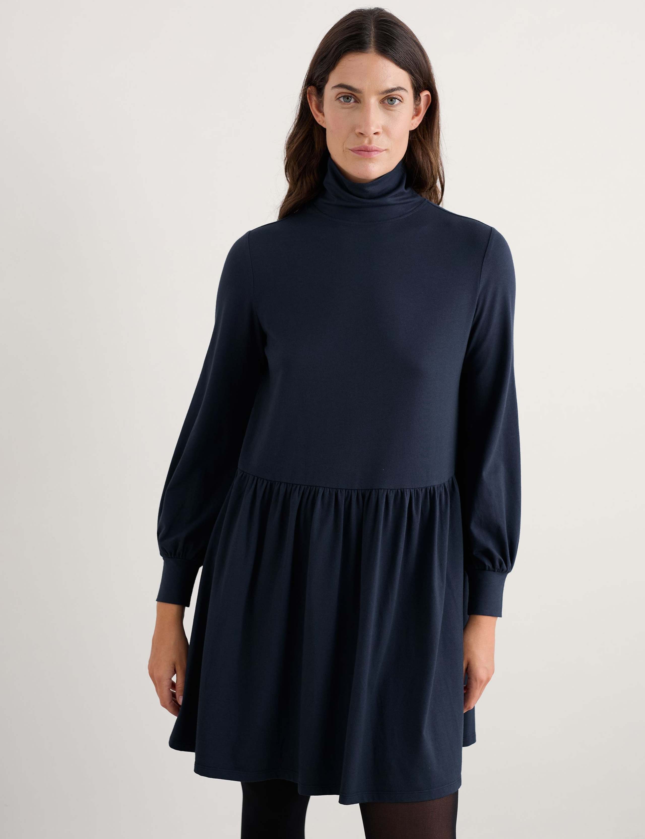 Cotton Rich Roll Neck Mini Waisted Dress