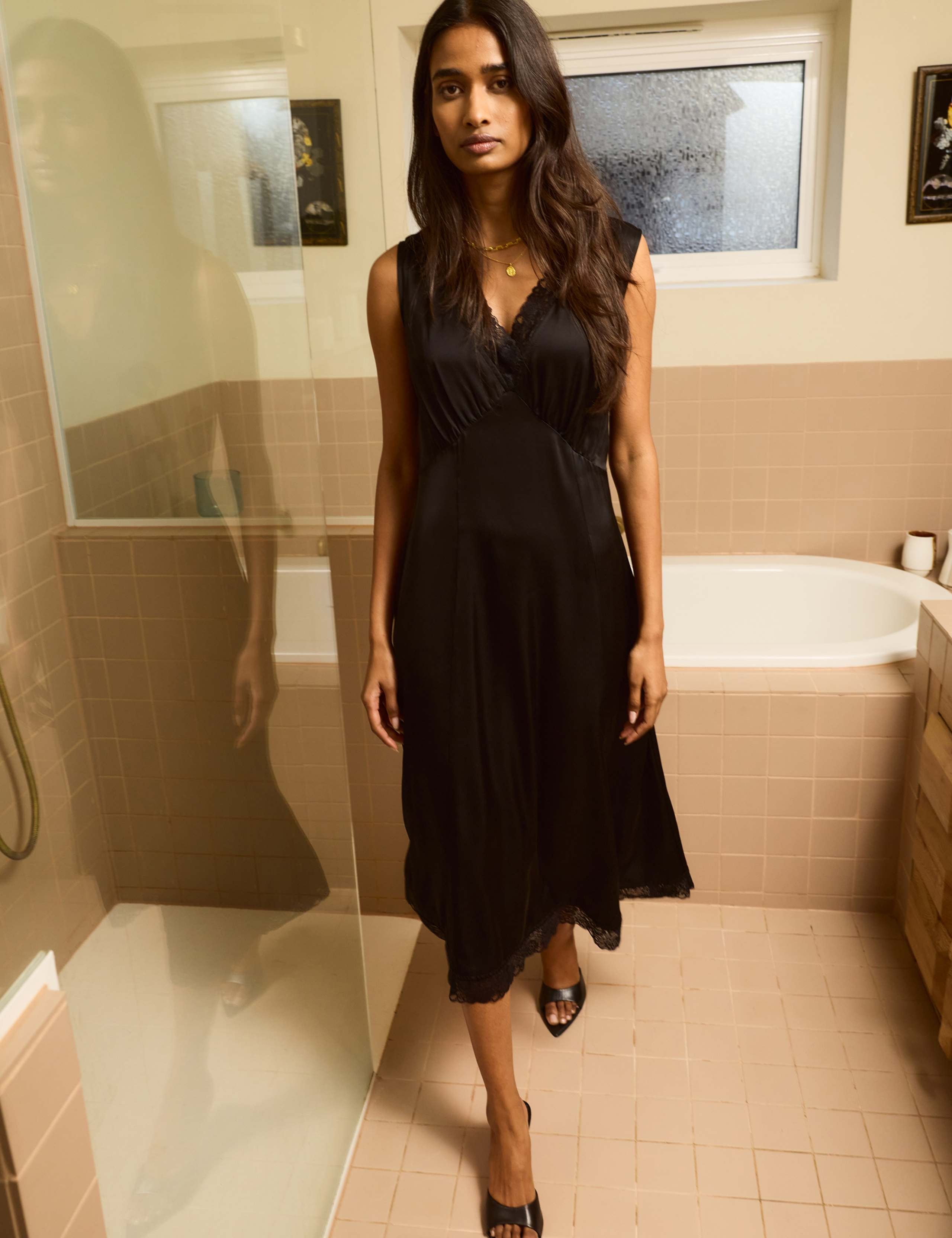 Satin V-Neck Lace Trim Midi Slip Dress