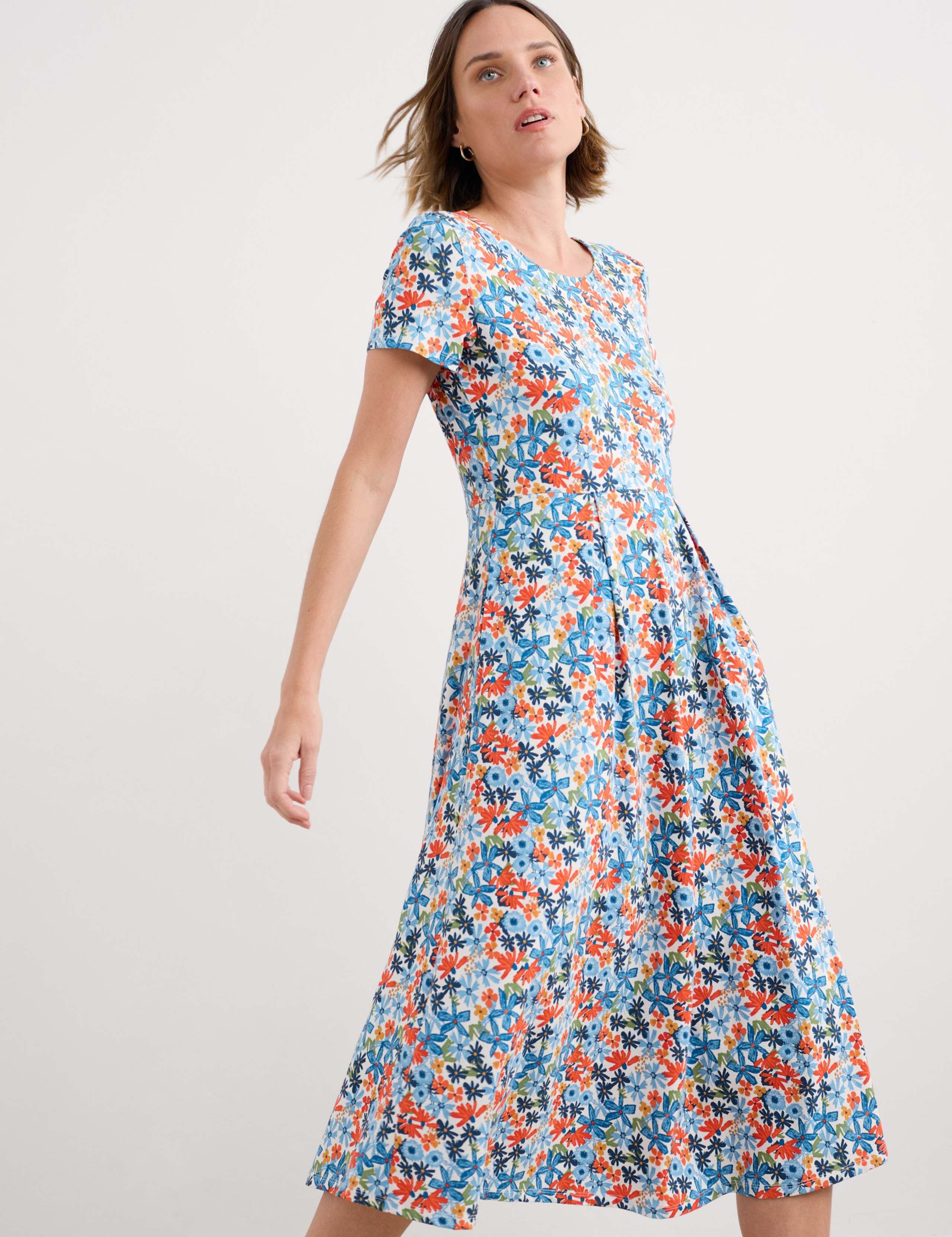 Cotton Rich Jersey Floral Midi Waisted Dress