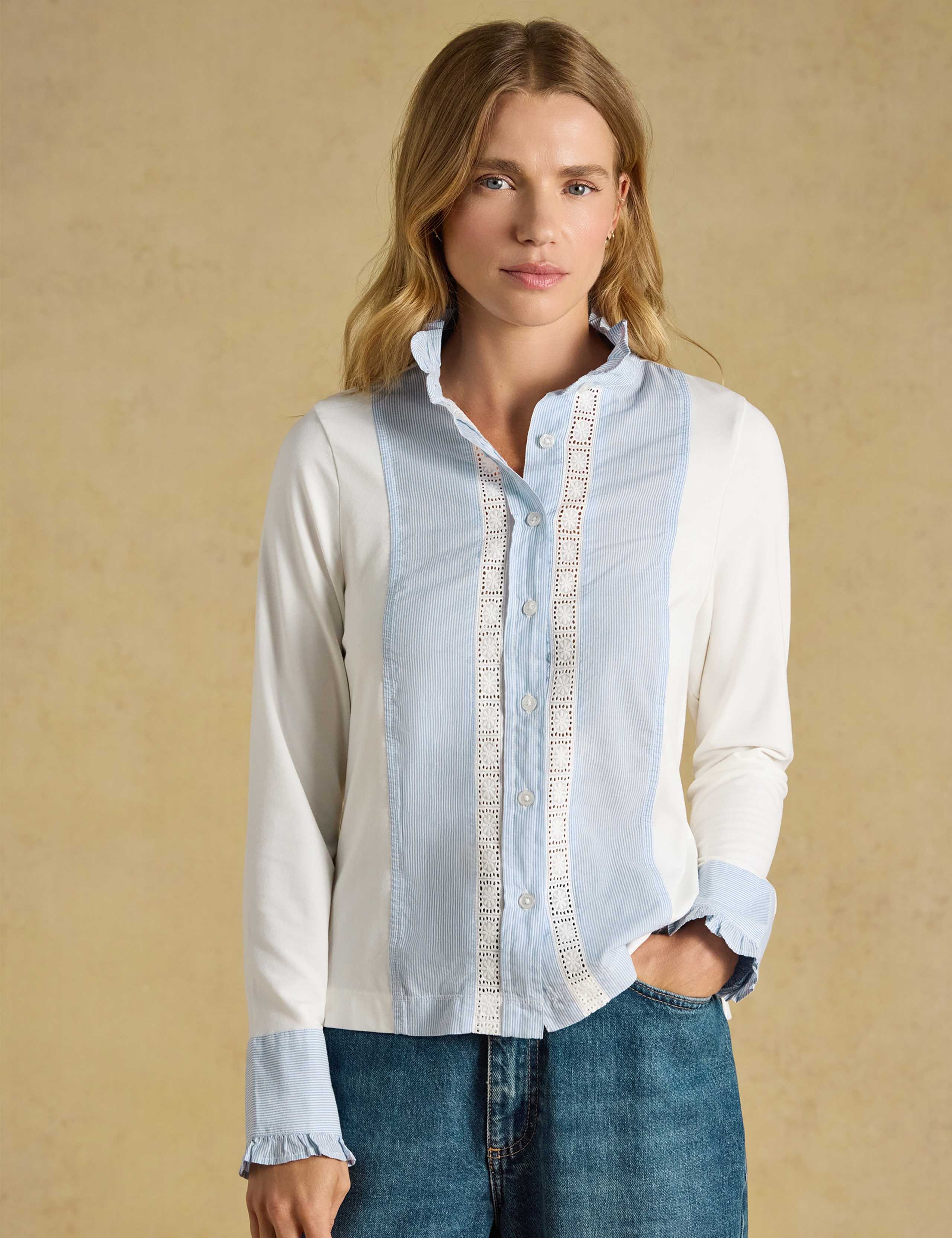 Jersey High Neck Lace Insert Frill Detail Shirt