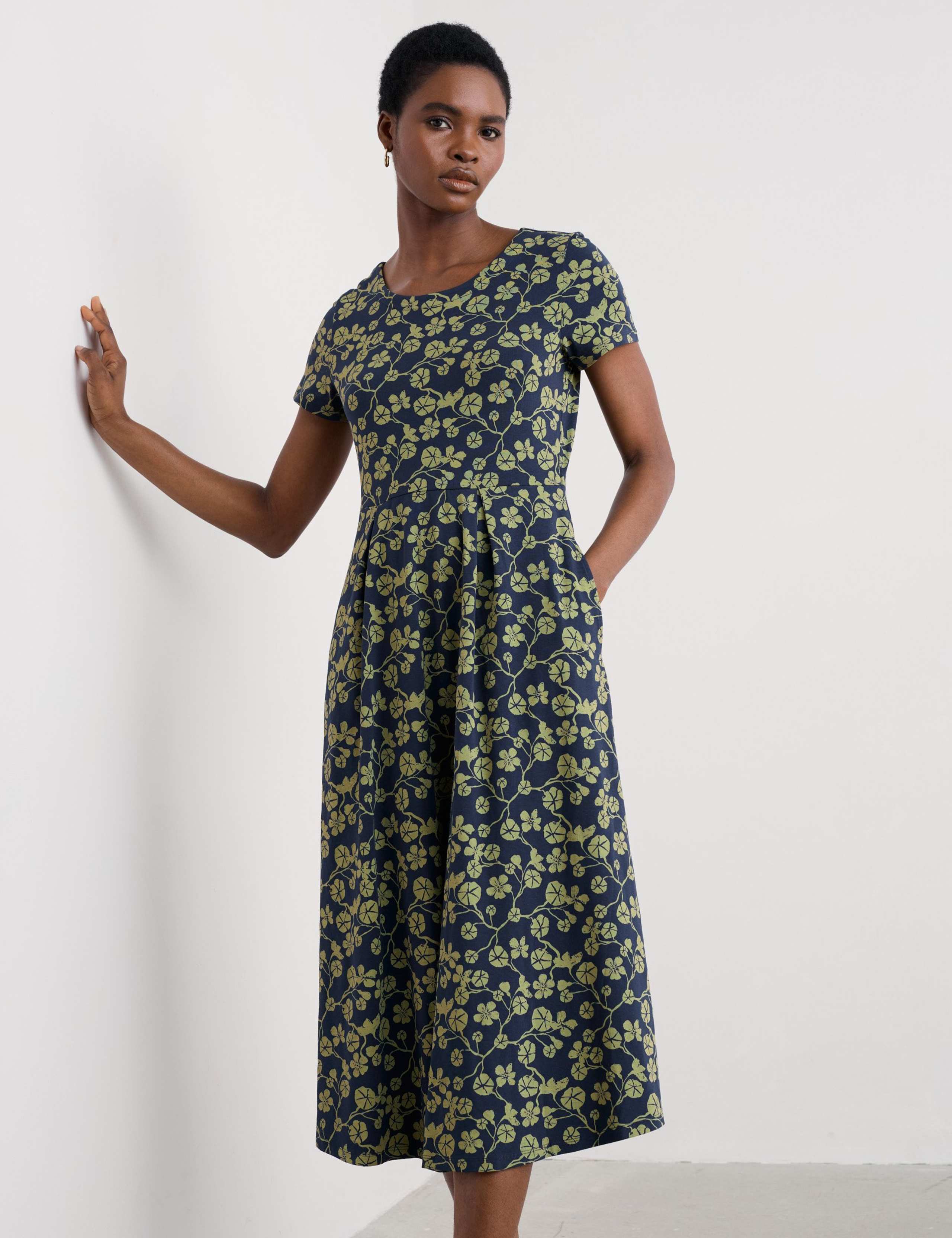 Cotton Floral Scoop Neck Midi Dress