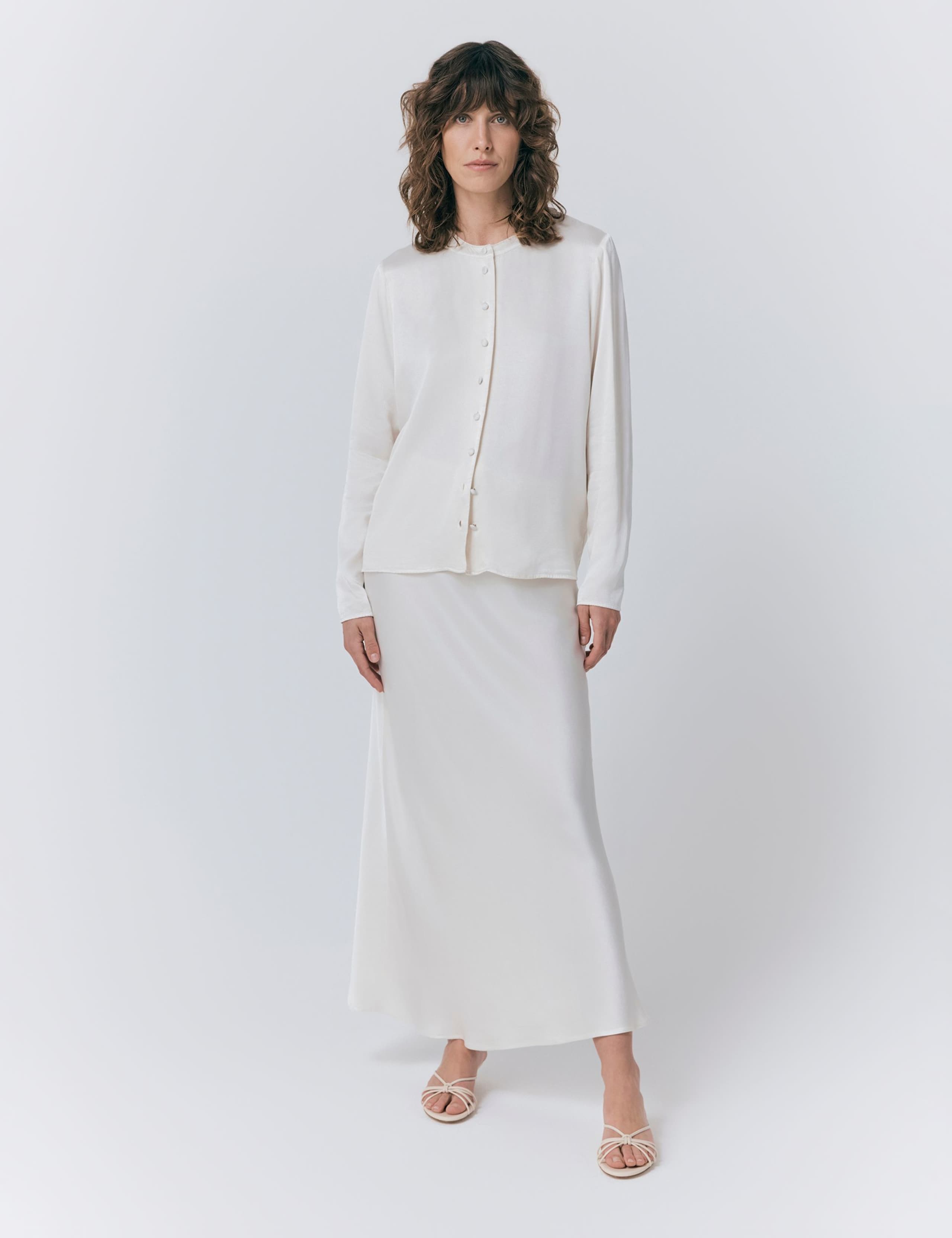 Satin Collarless Button Through Blouse