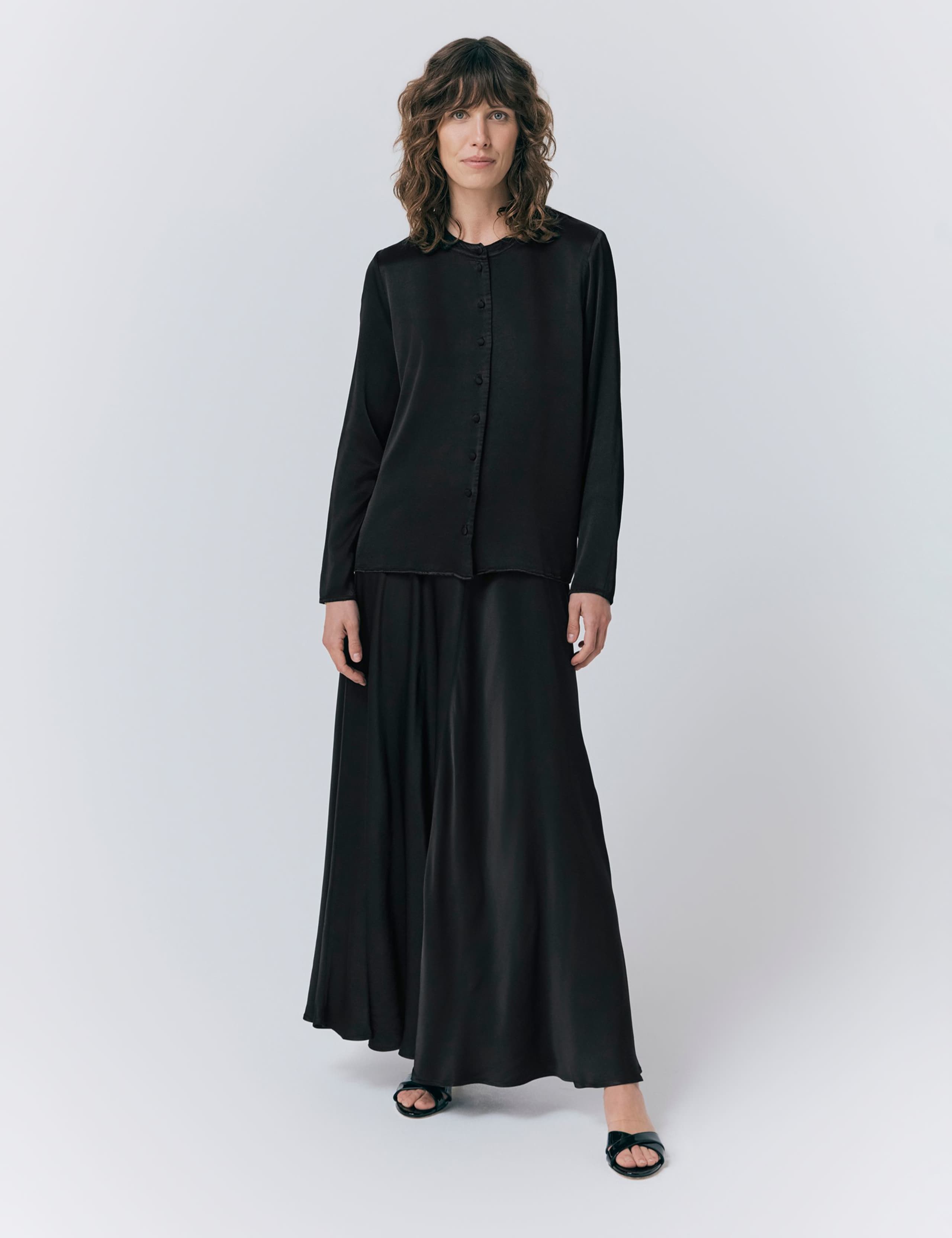 Satin Collarless Button Through Blouse