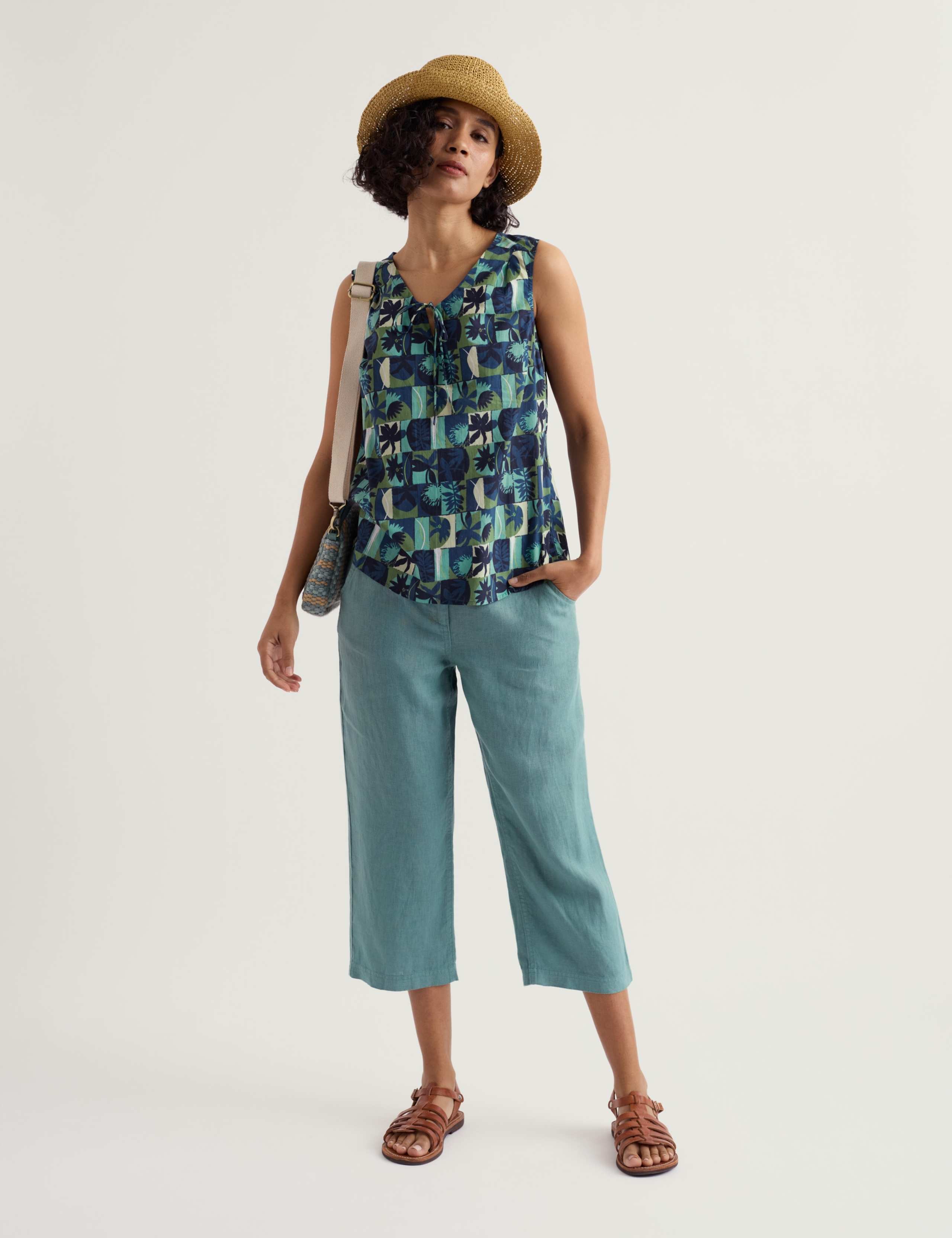 Pure Linen Straight Leg Cropped Trousers