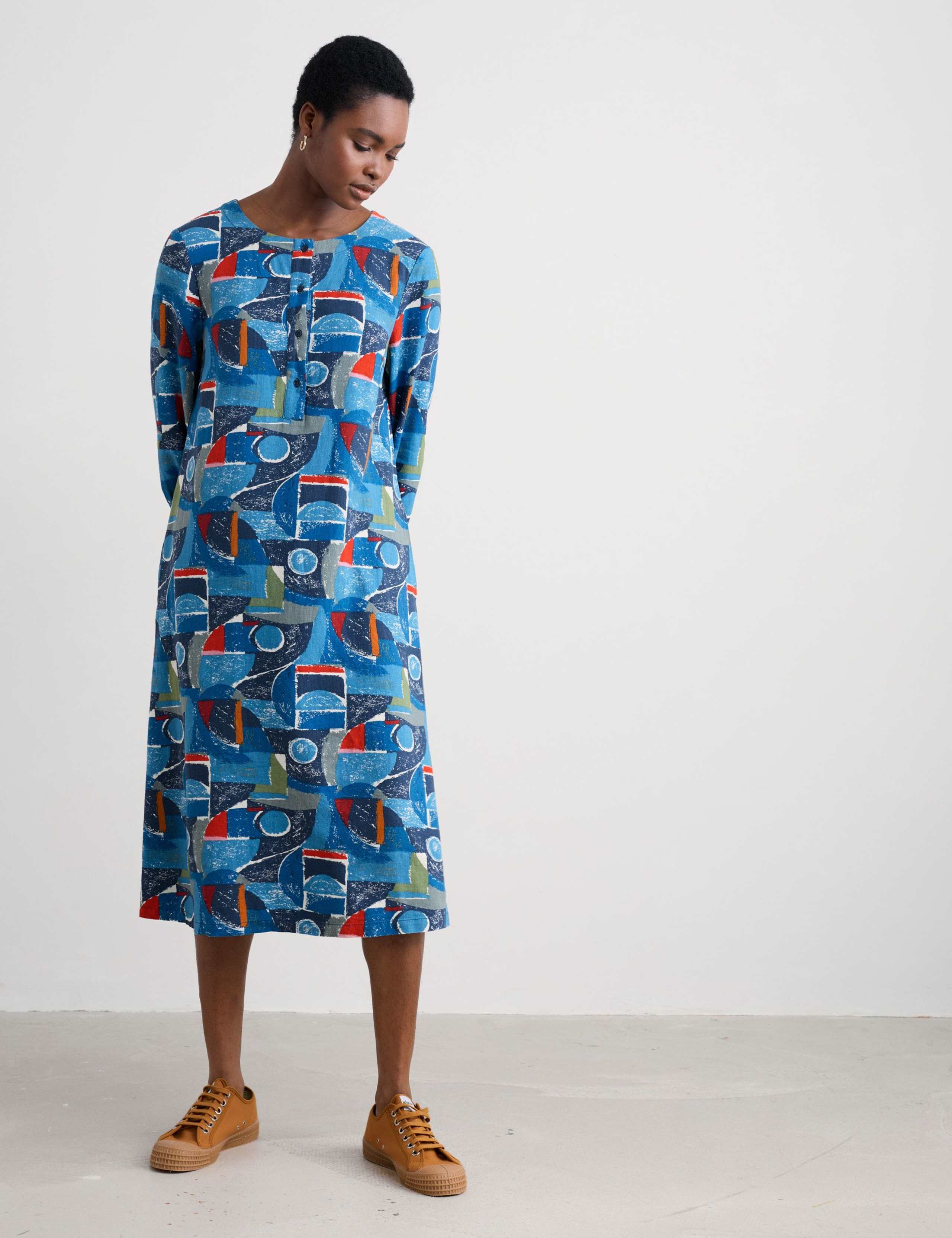 Cotton Rich Abstract Round Neck Dress