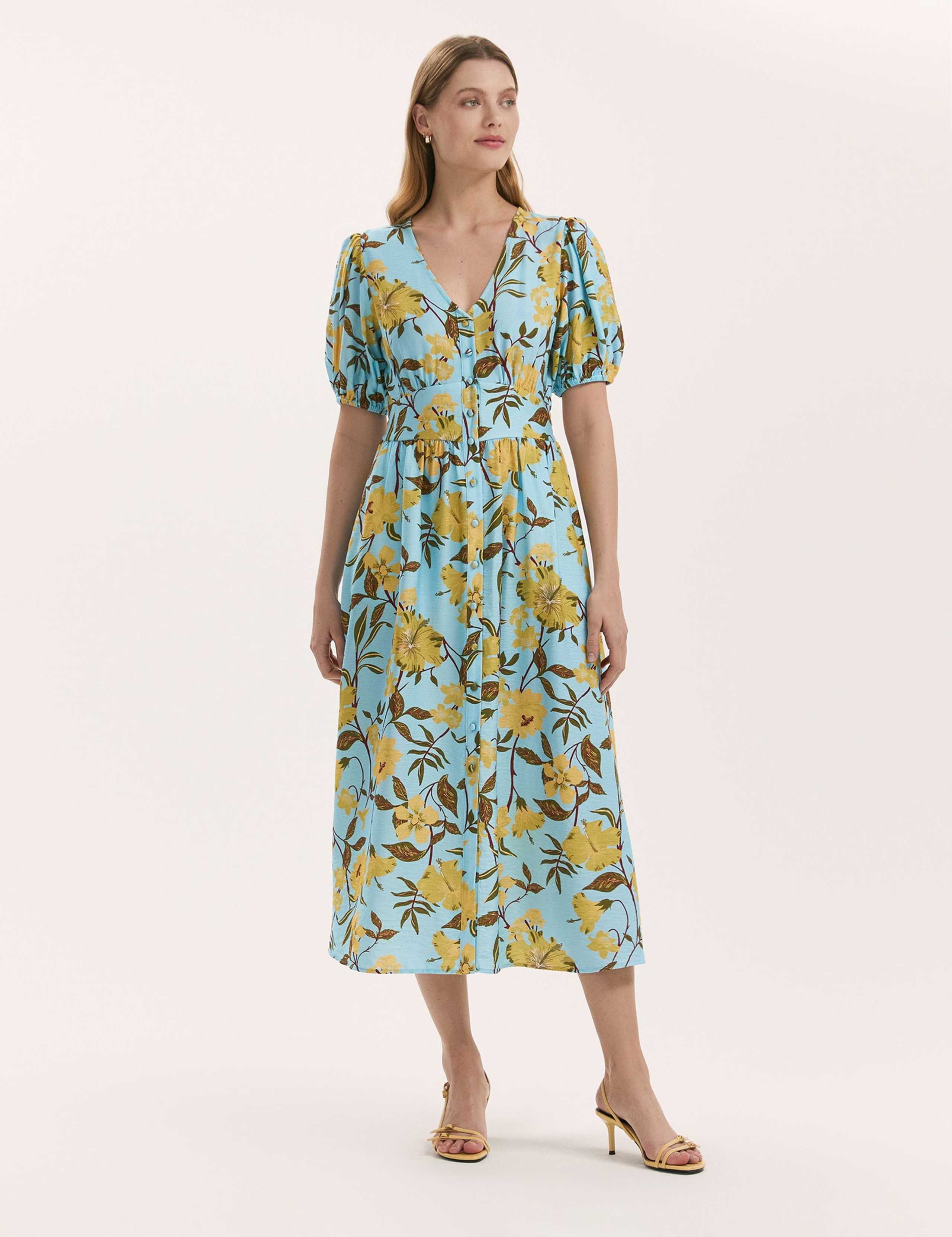 Floral V-Neck Midi Waisted Dress