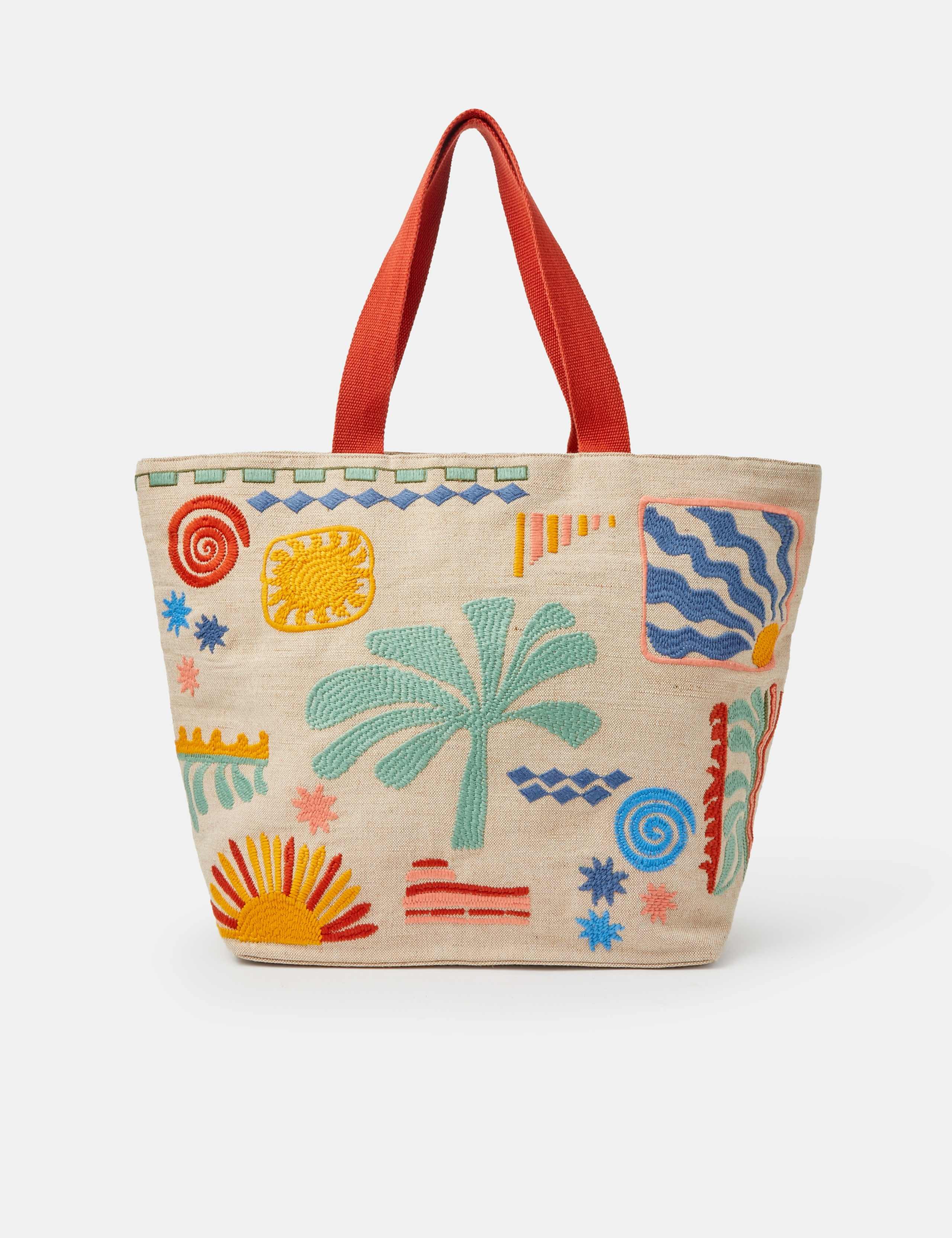 Jute Palm Embroidered Beach Tote Bag