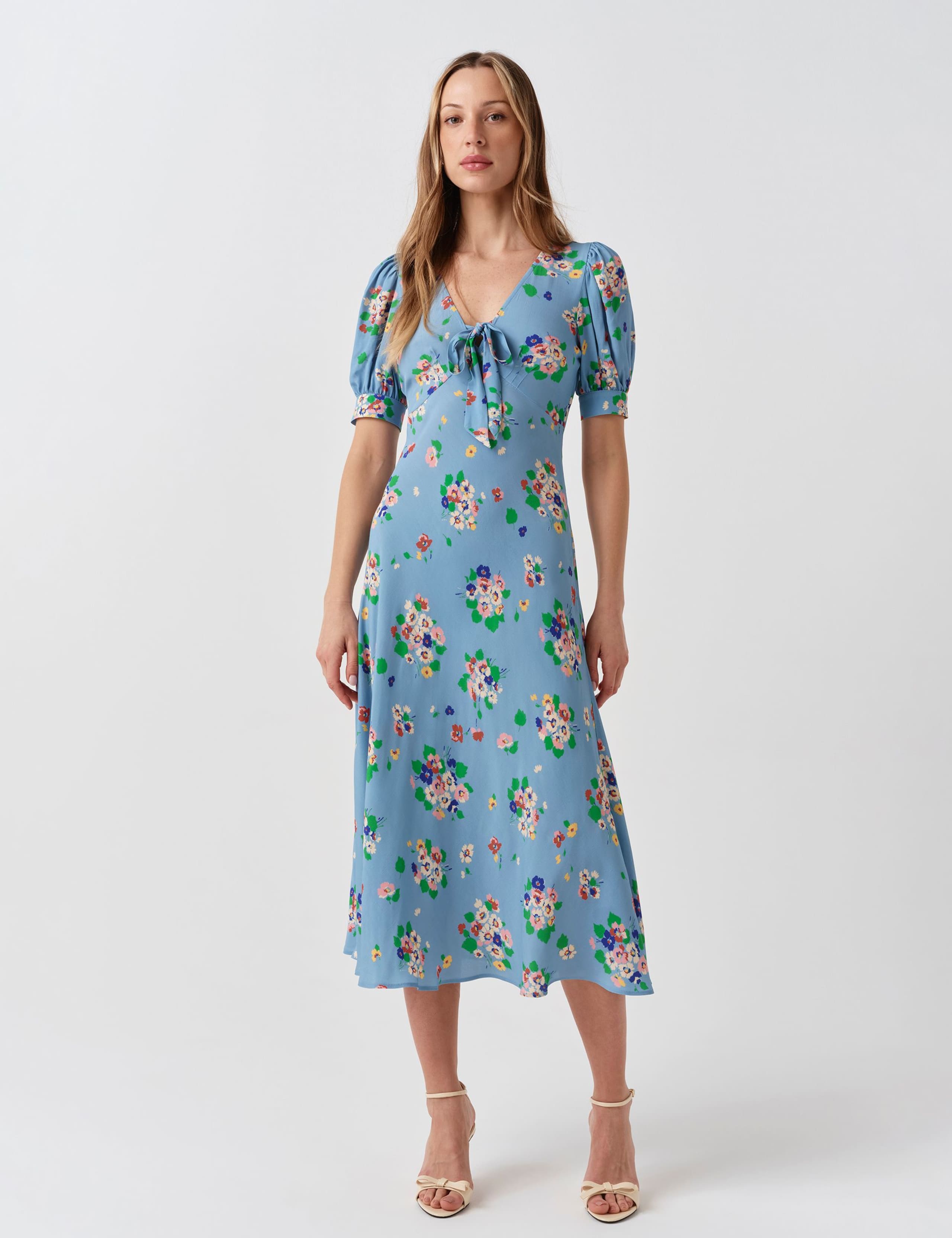 Crepe Floral V-Neck Midi Tea Dress