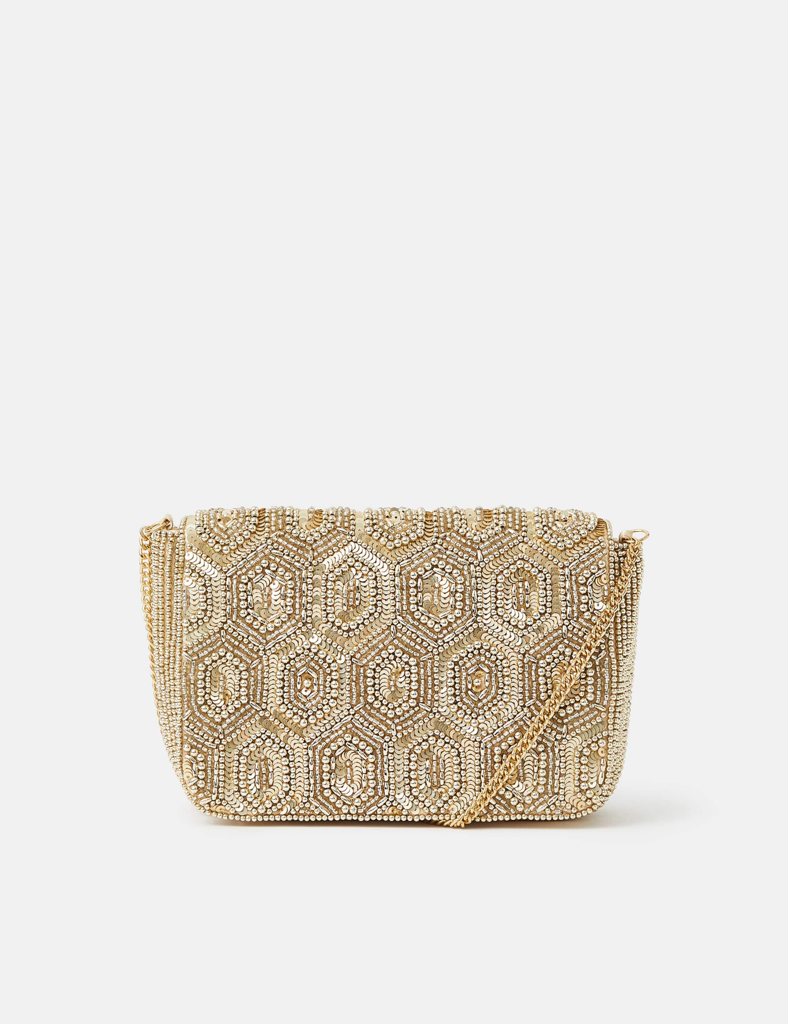 Geometric Beaded Chain Strap Clutch Bag