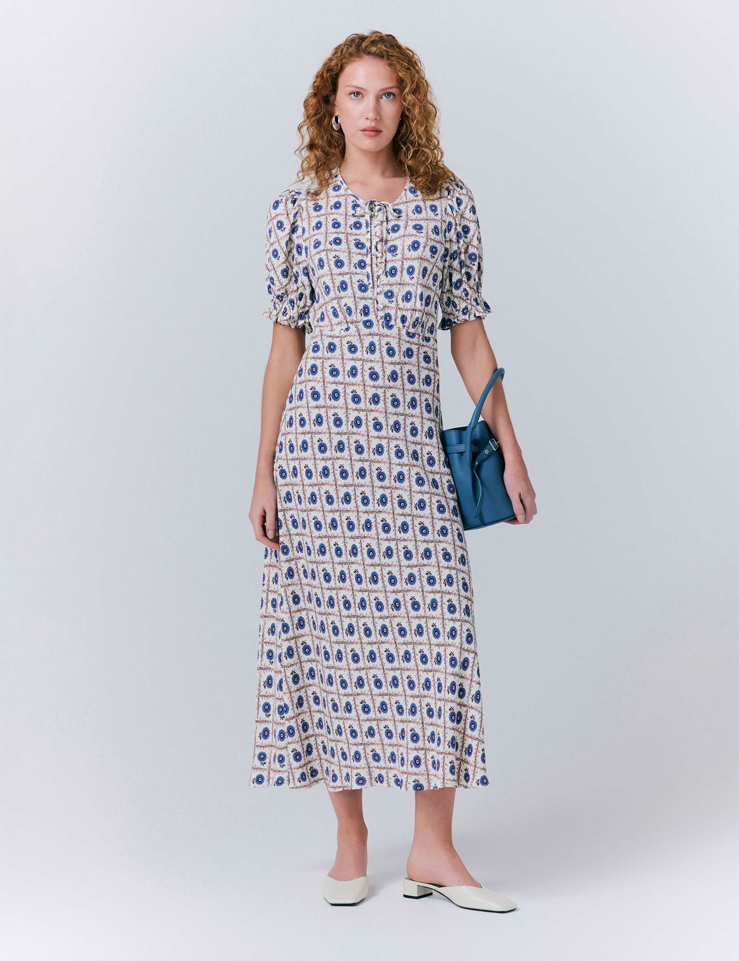 Crepe Floral Tie Neck Midi Smock Dress