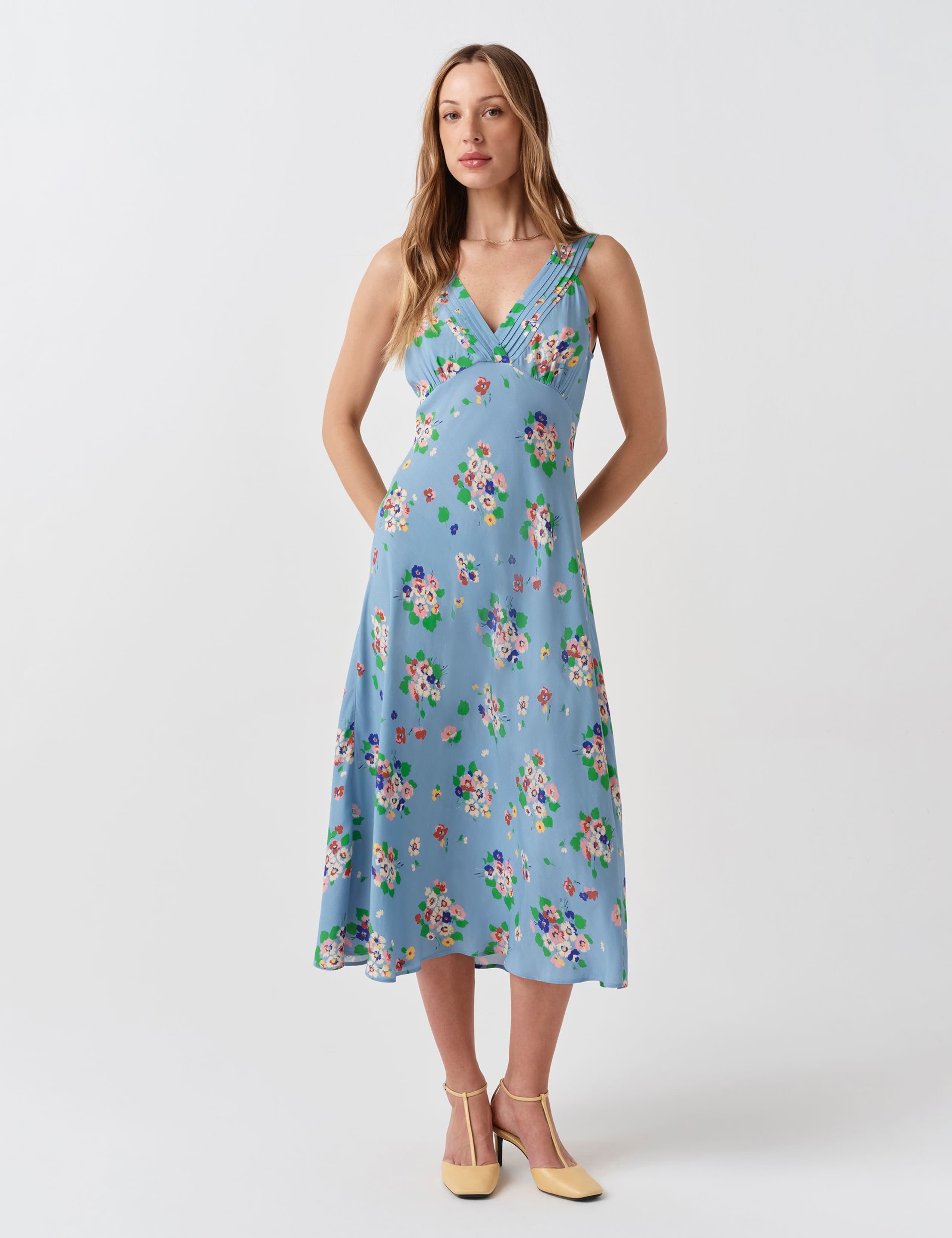 Crepe Floral V-Neck Pintuck Midi Tea Dress