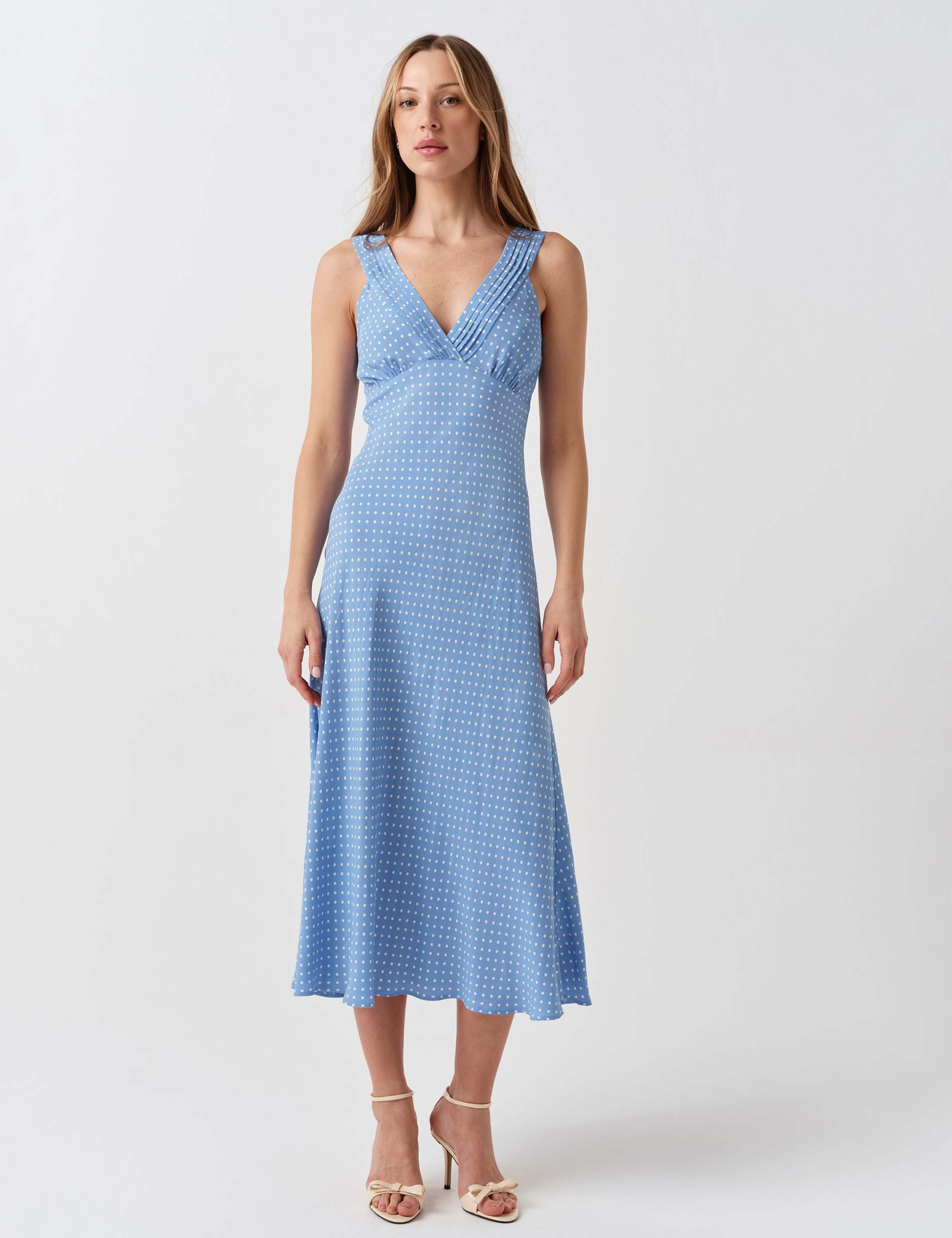 Crepe Polka Dot V-Neck Midi Tea Dress