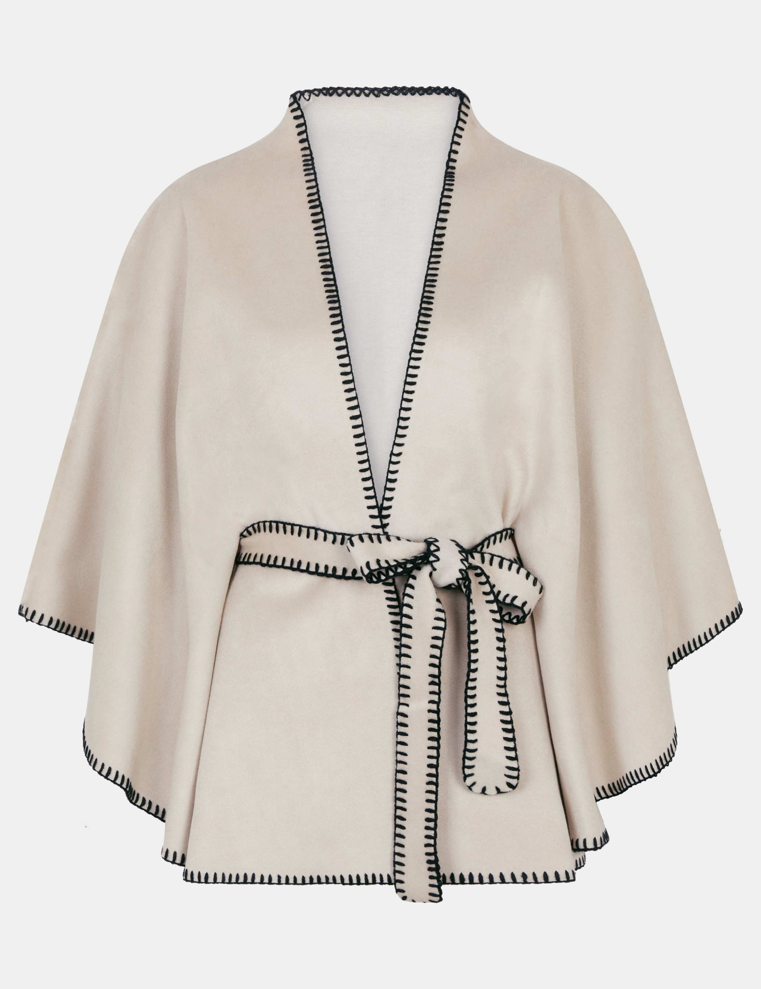 Contrast Trim Belted Poncho