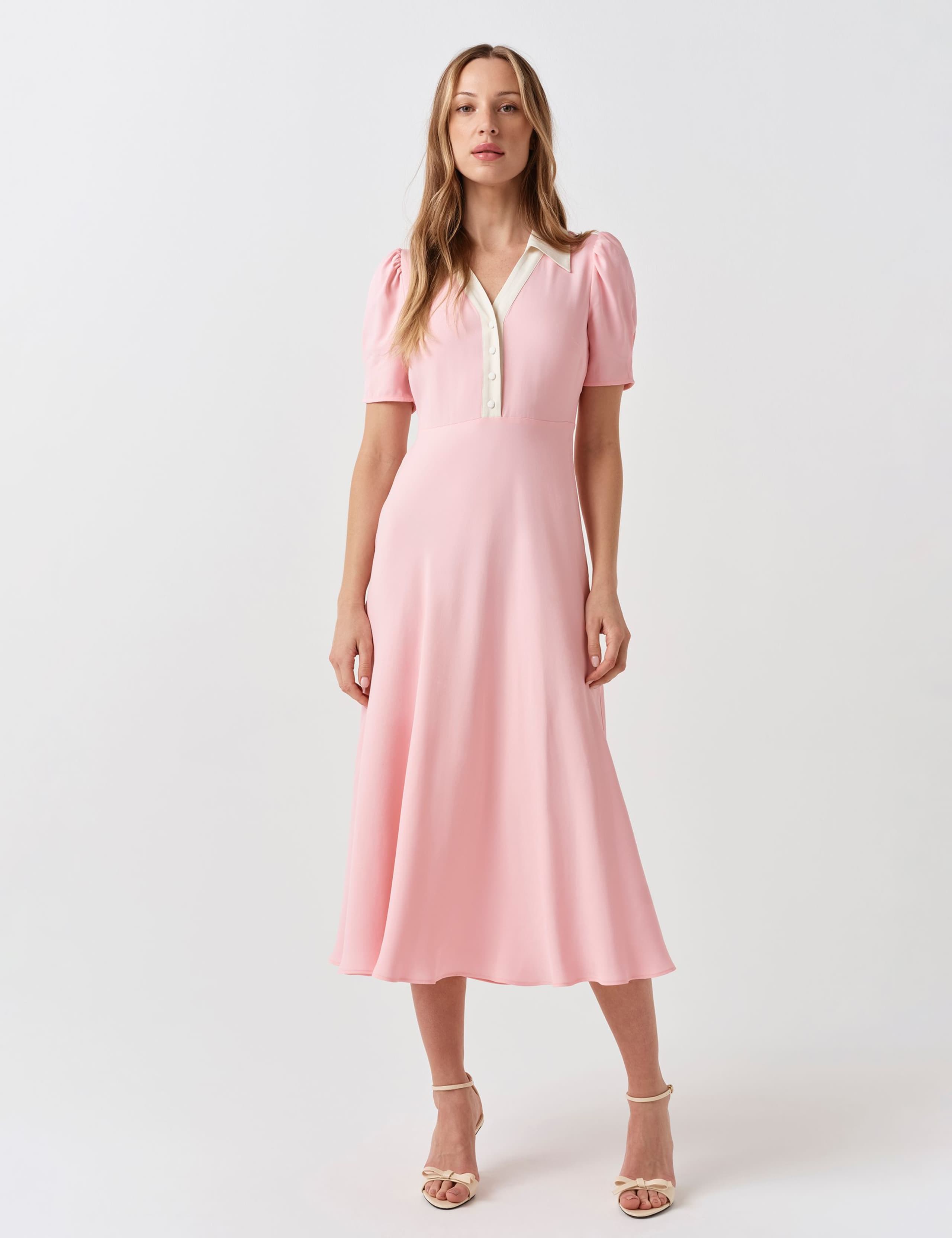 Contrast Collar Midi Shirt Dress