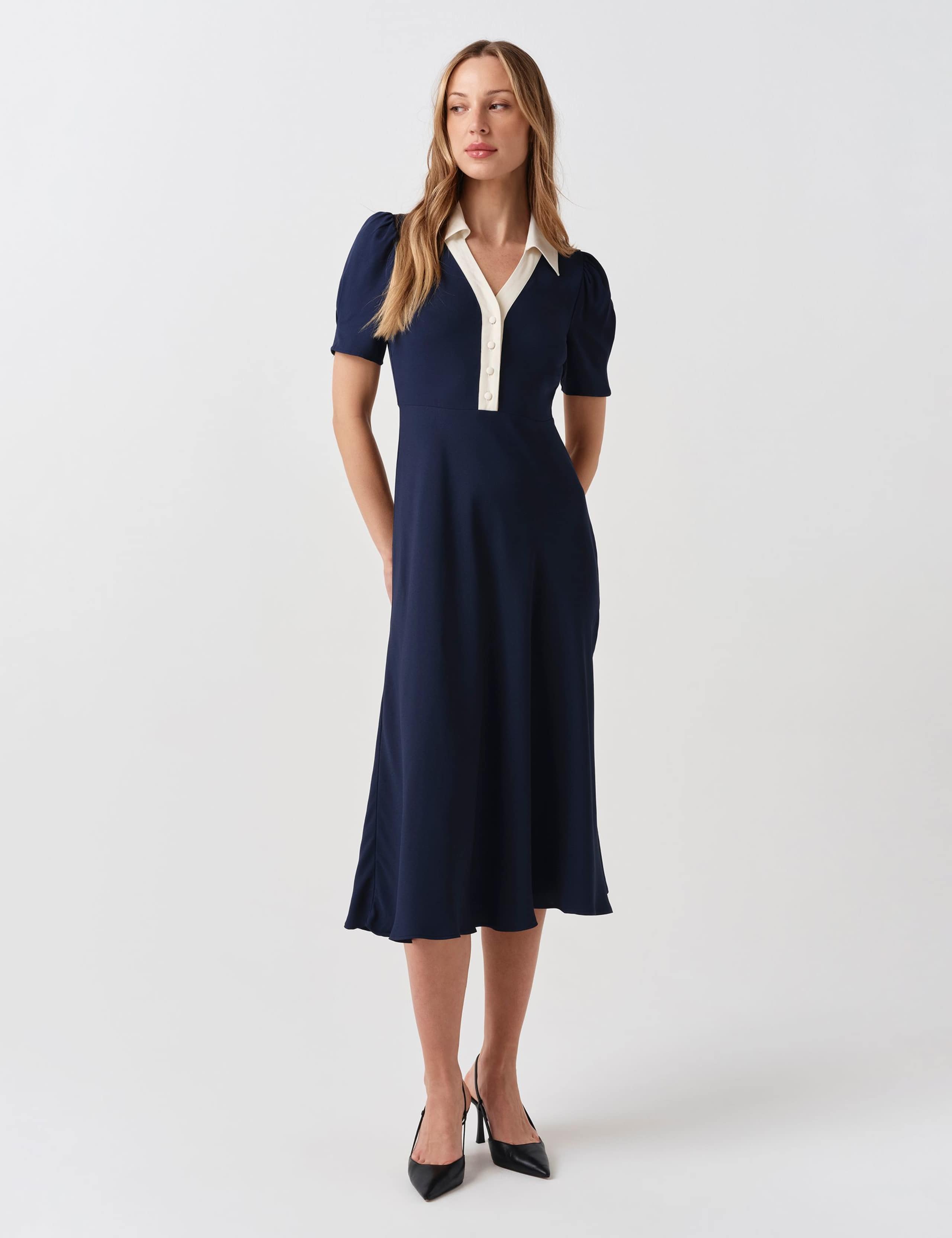 Contrast Collar Midi Shirt Dress