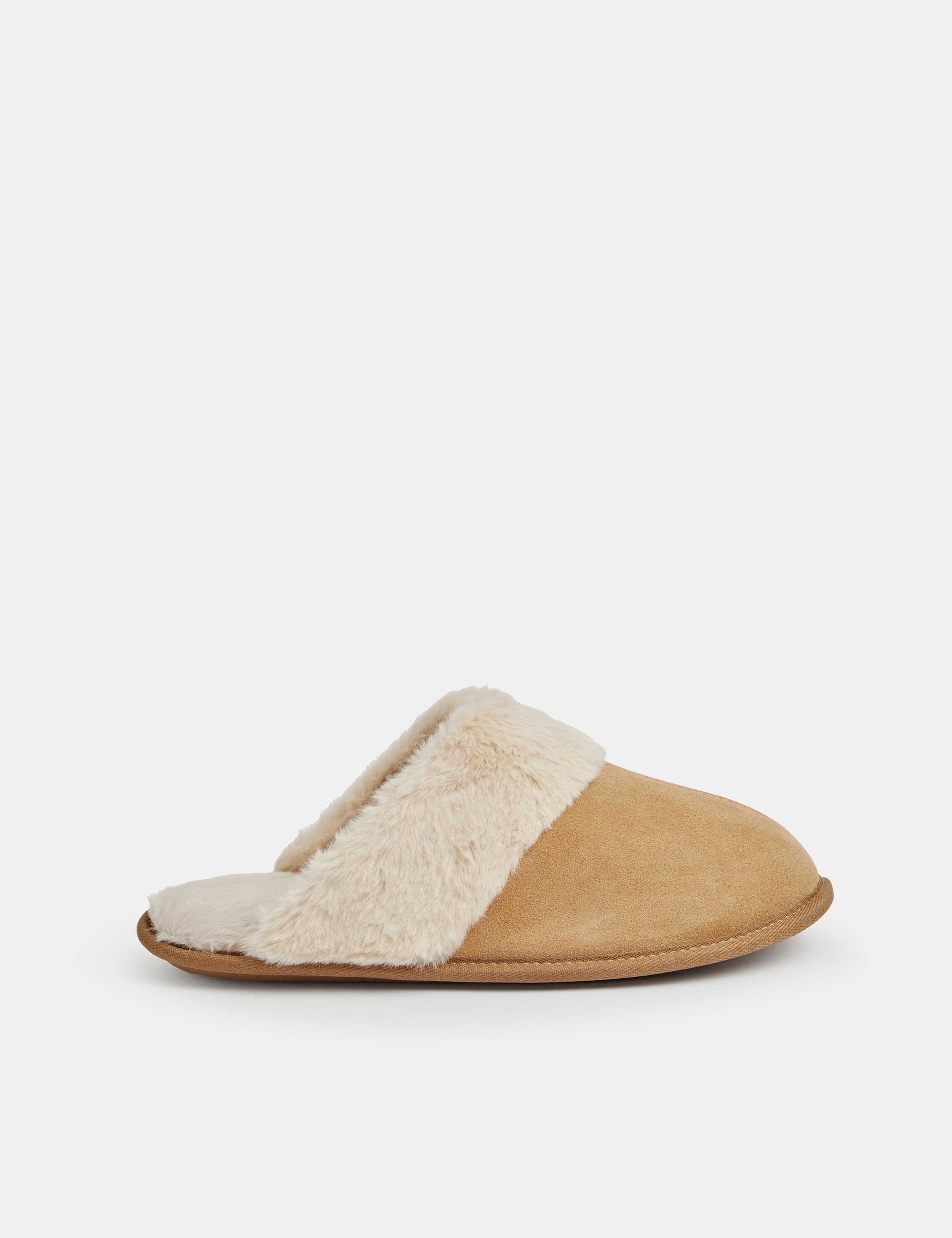 Suede Faux Fur Lined Mule Slippers