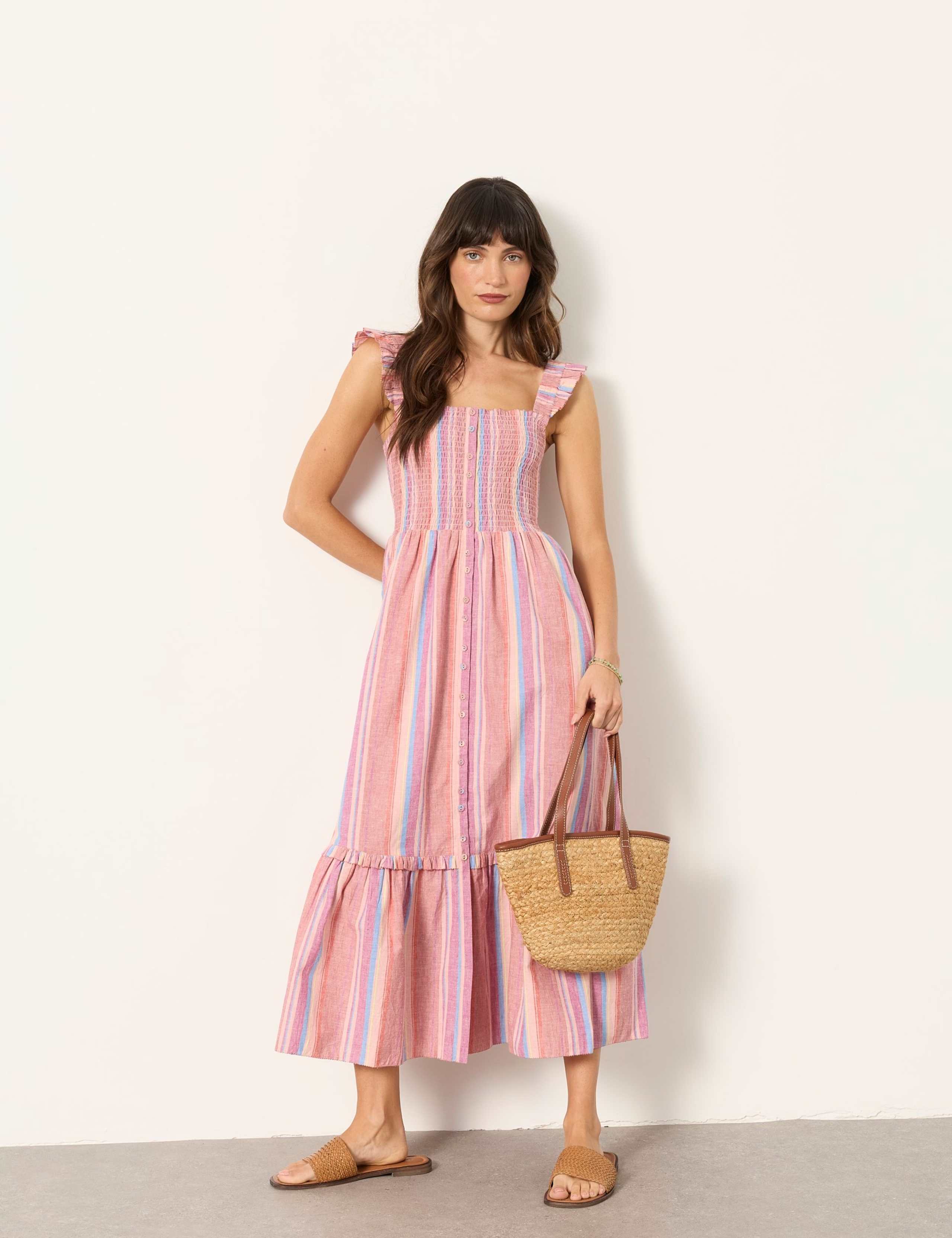 Cotton Rich Striped Square Neck Midi Dress