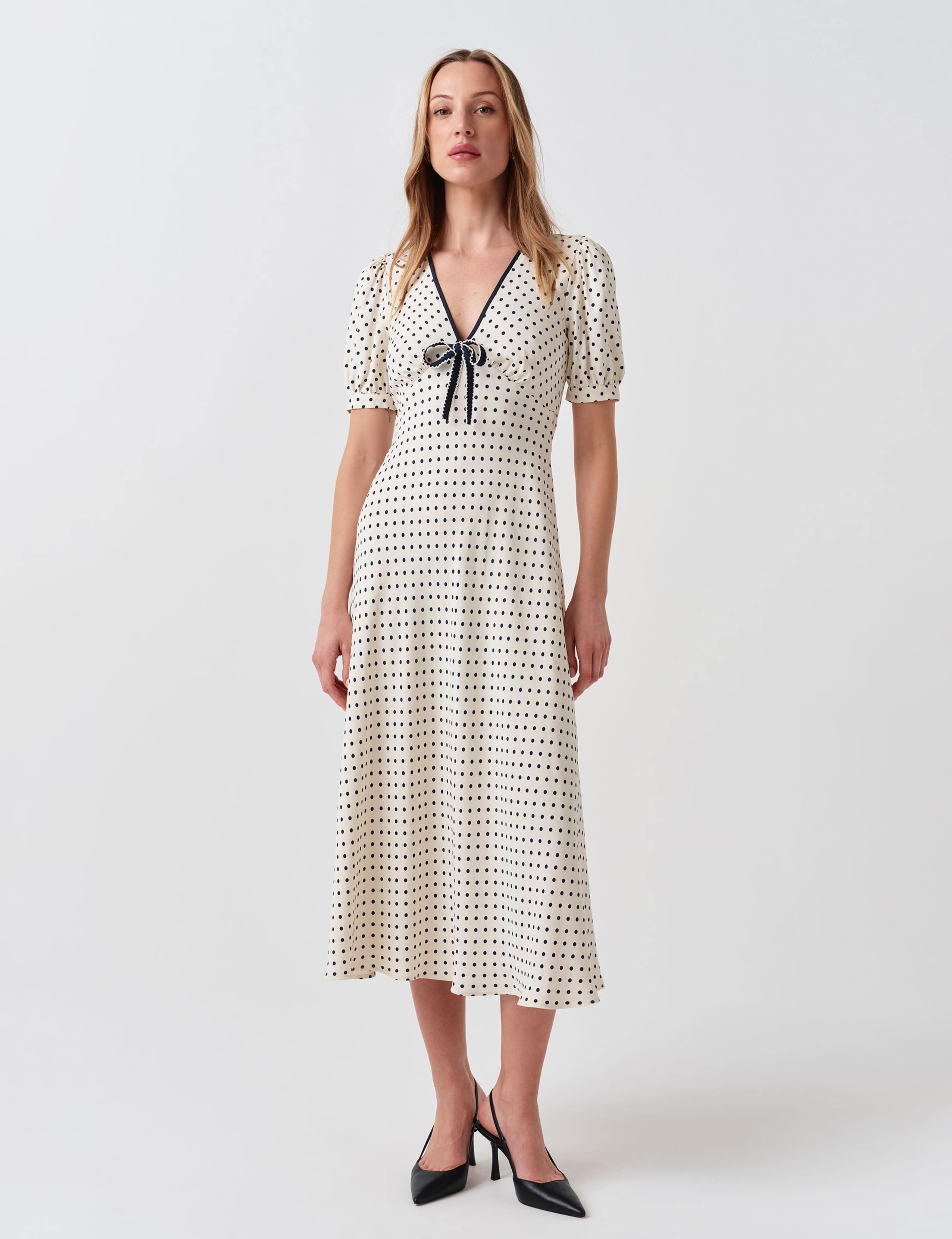 Crepe Spot Print V-Neck Midi Dress