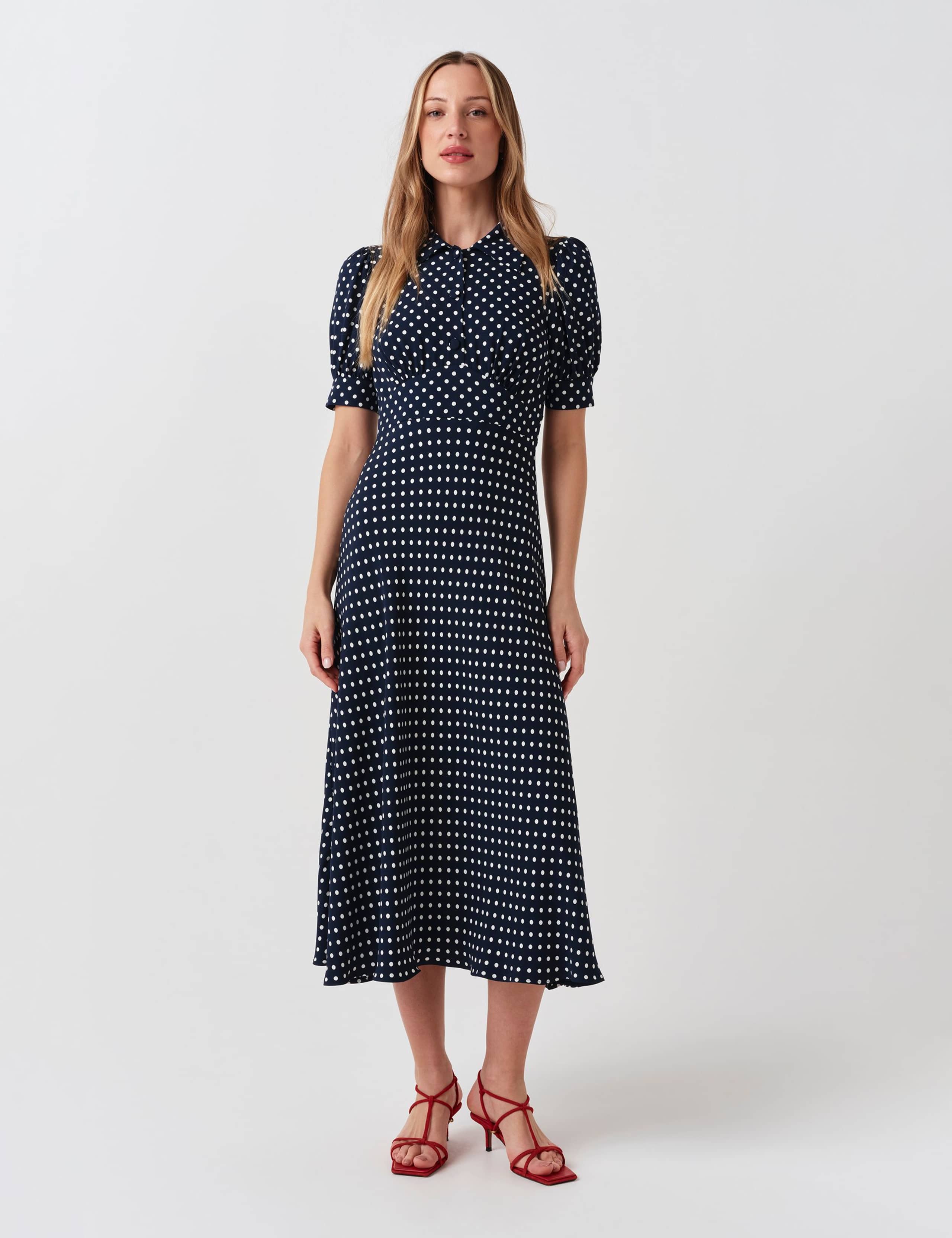 Spot Print Collared Button Midi Tea Dress