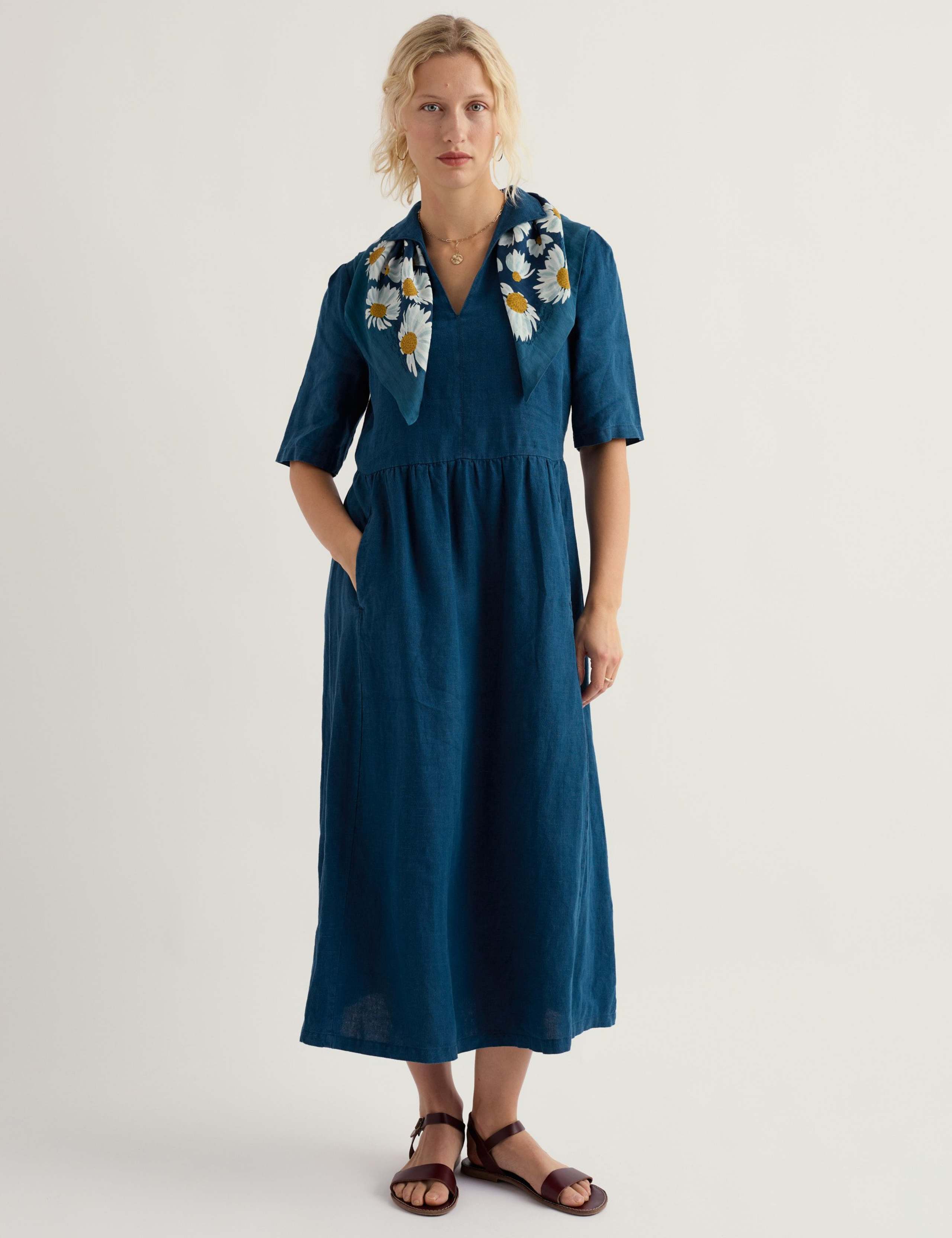 Pure Linen Midi Waisted Dress