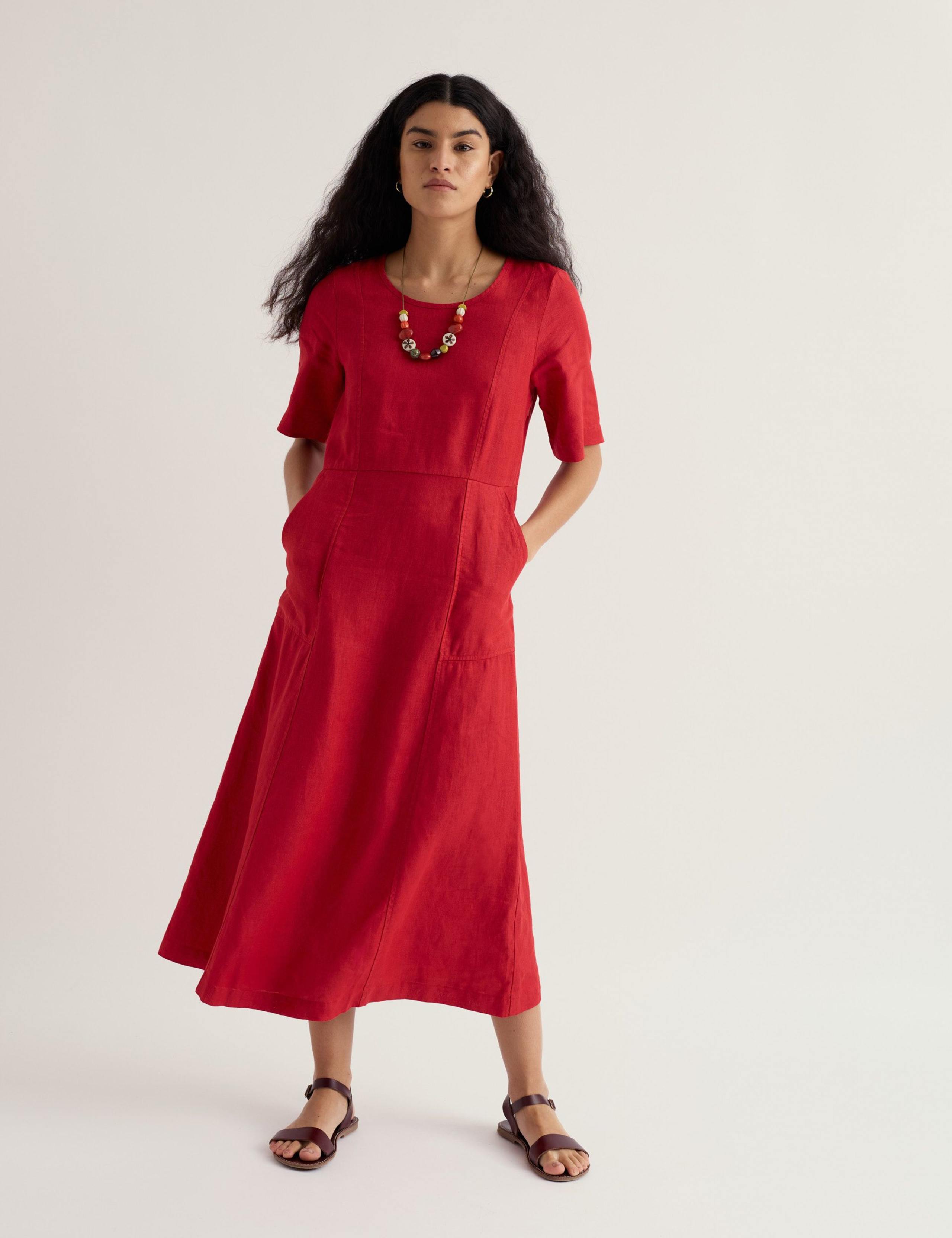 Pure Linen Round Neck Midi Waisted Dress