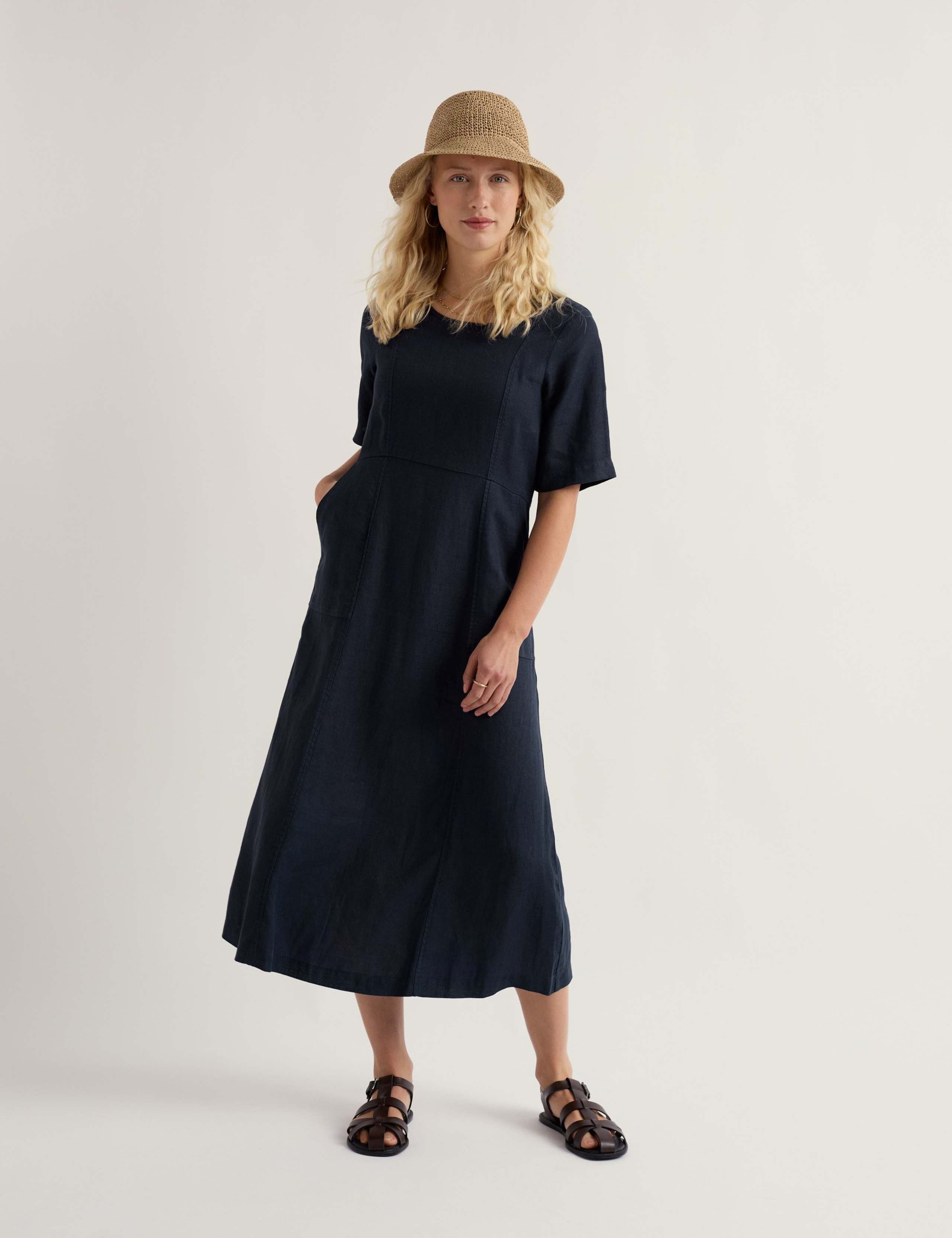 Pure Linen Round Neck Midi Waisted Dress