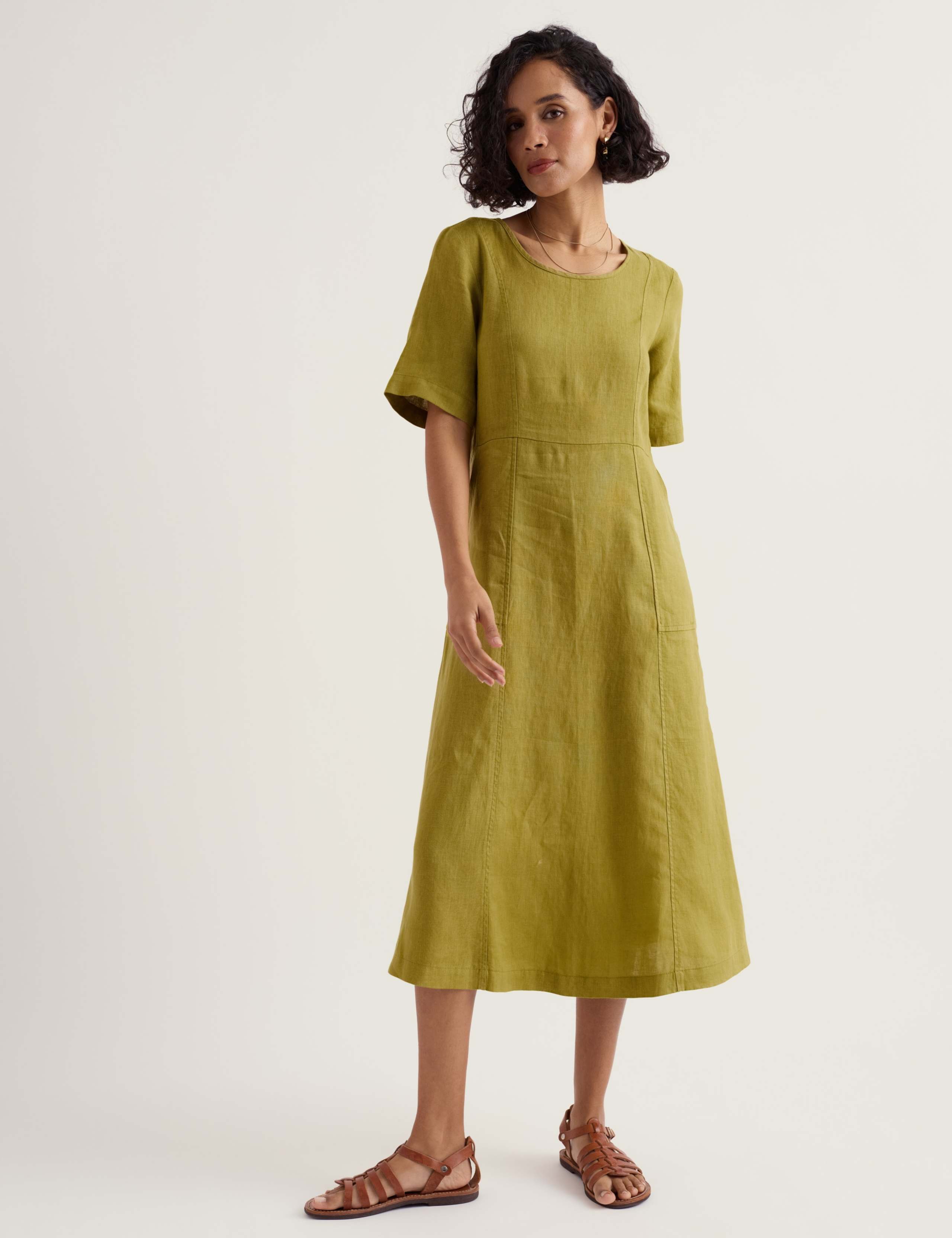 Pure Linen Round Neck Midi Waisted Dress