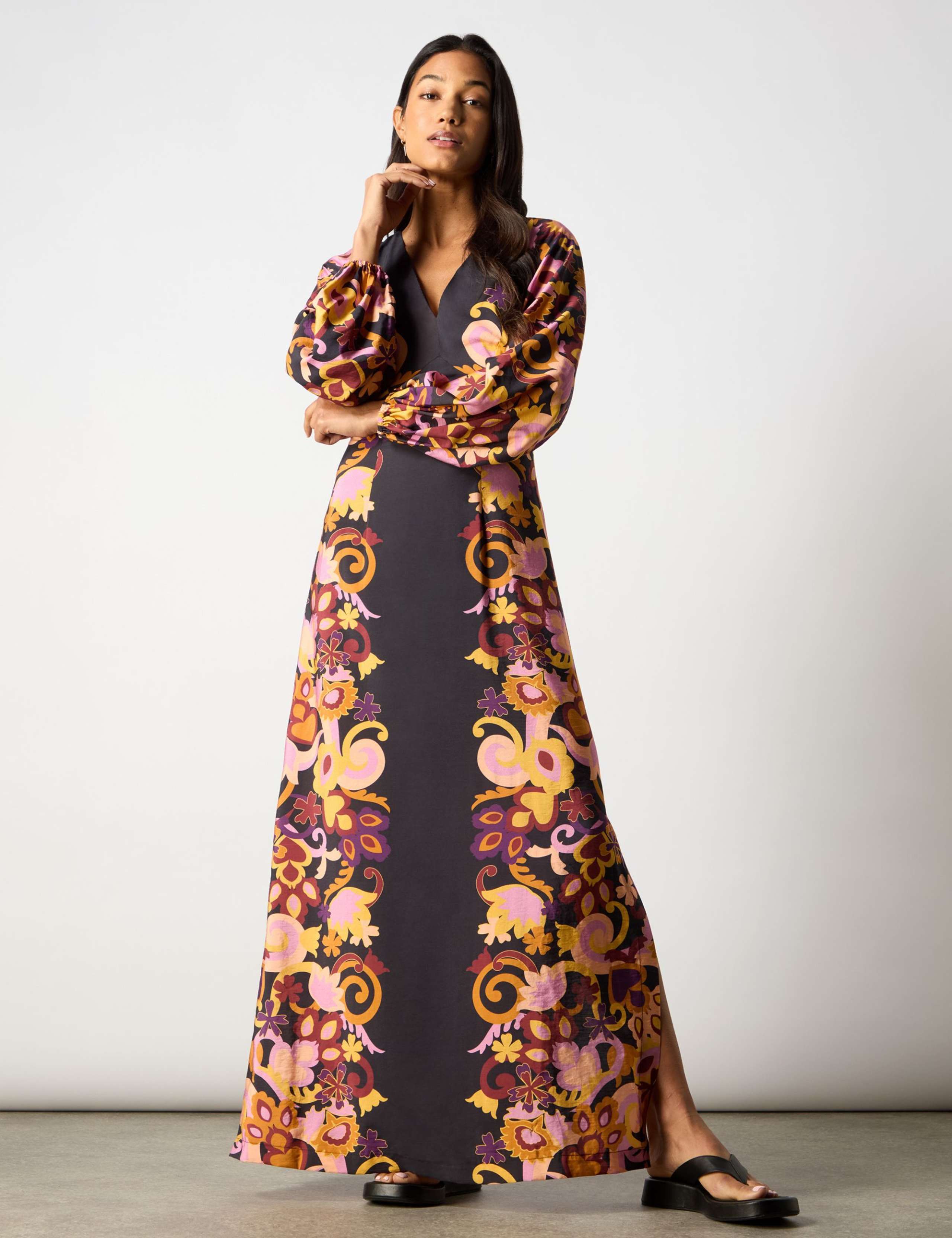 Floral V-Neck Blouson Sleeve Maxi Waisted Dress