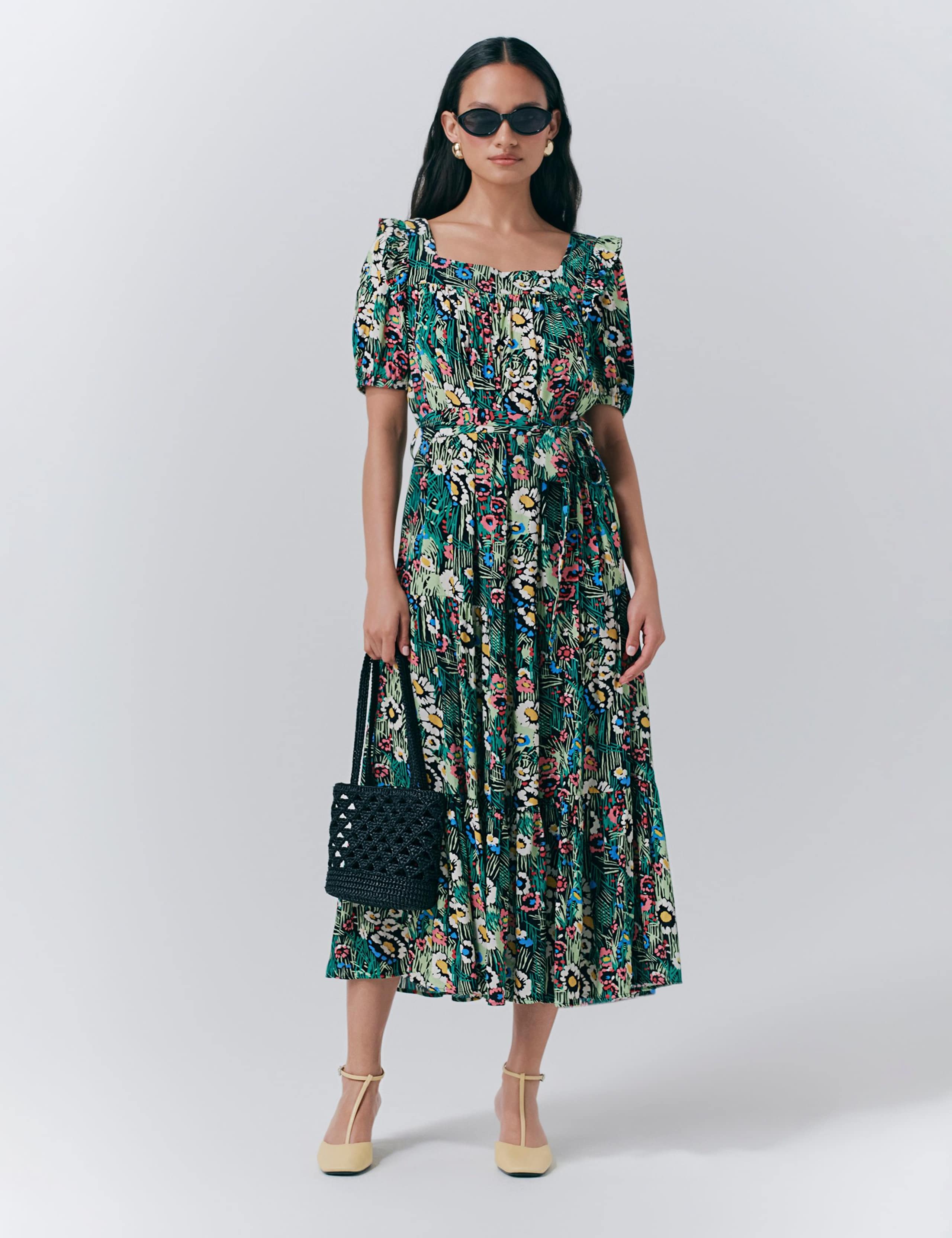 Floral Square Neck Midi Smock Dress