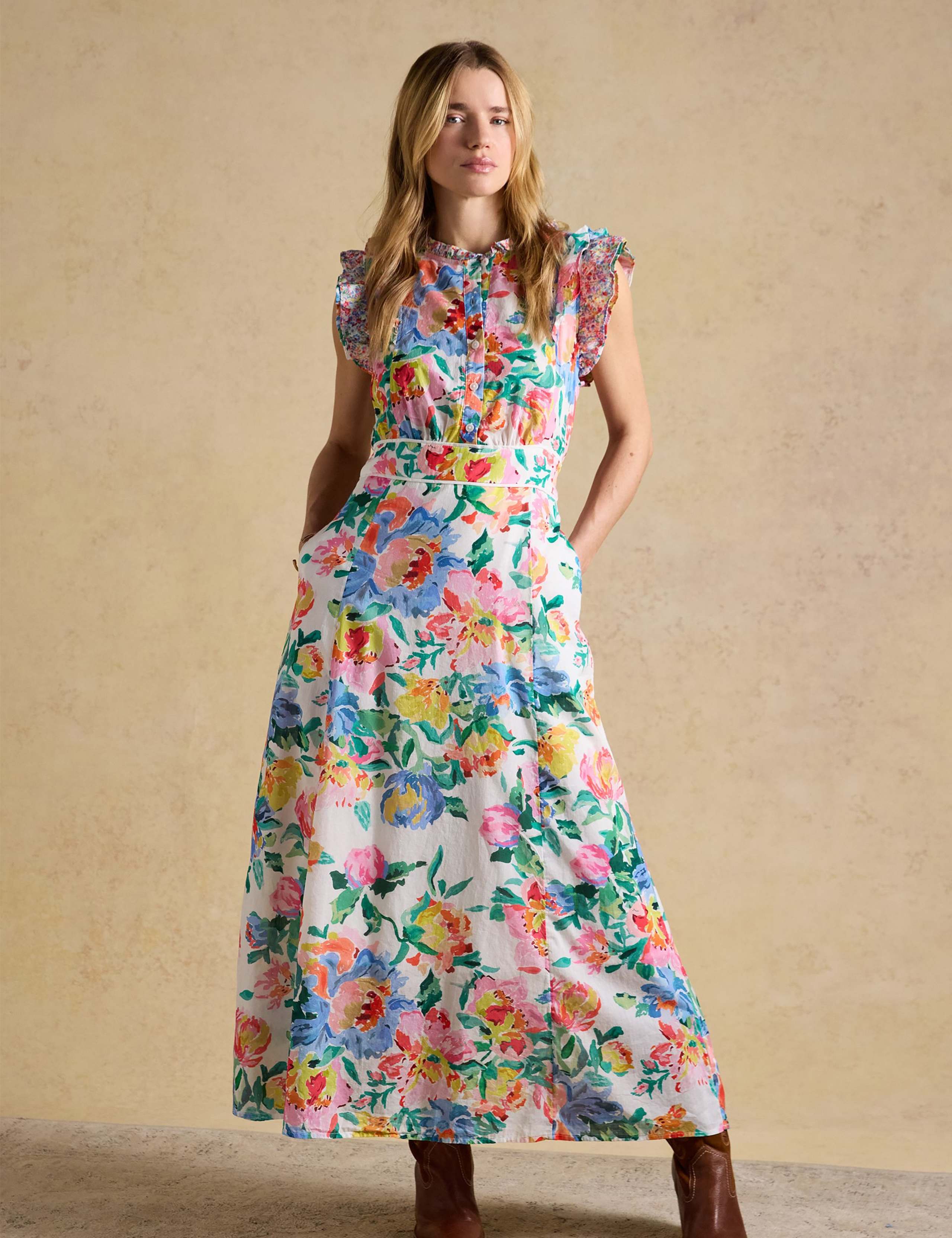 Pure Cotton Floral Frill Sleeve Maxi Dress