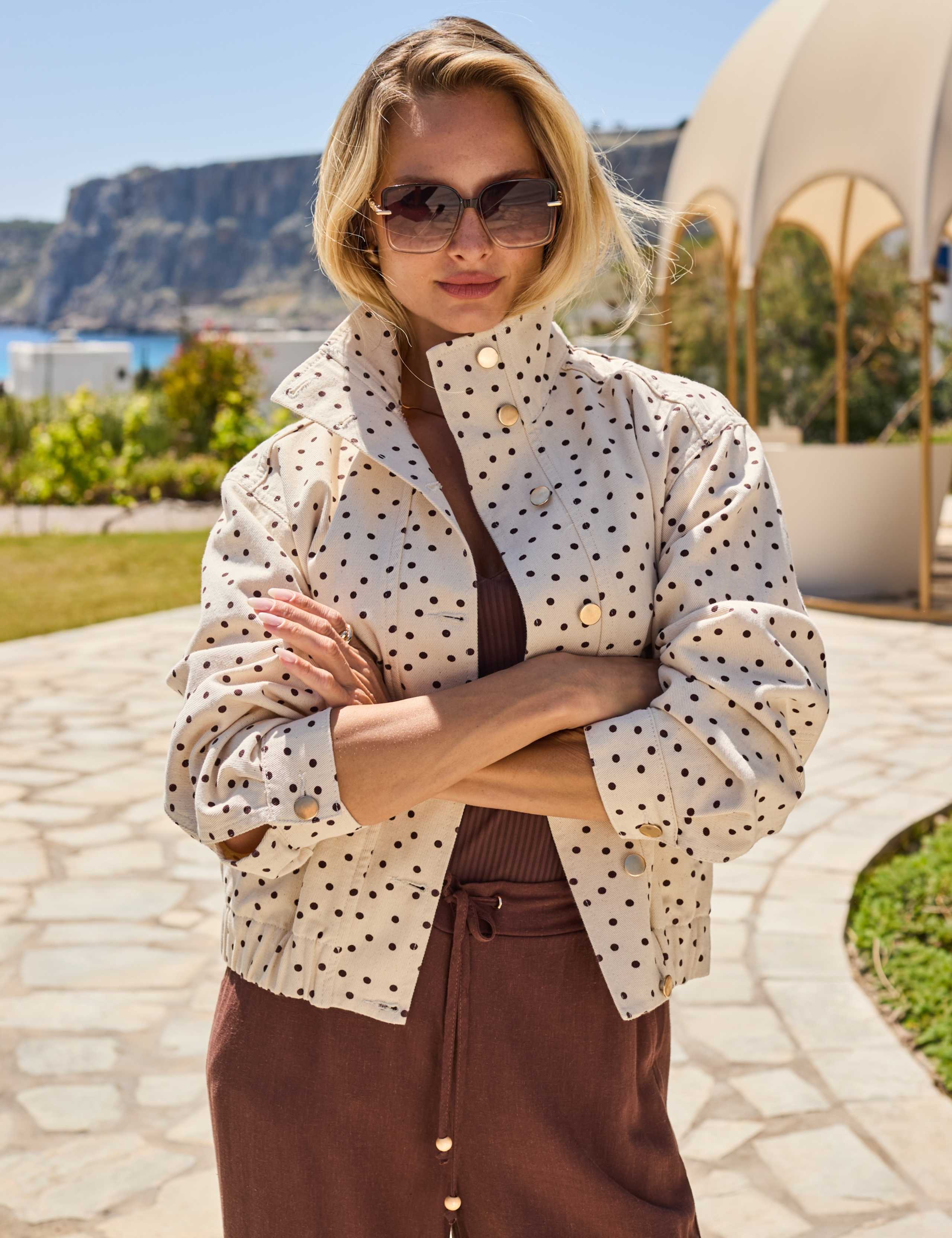 Denim Polka Dot Funnel Neck Jacket